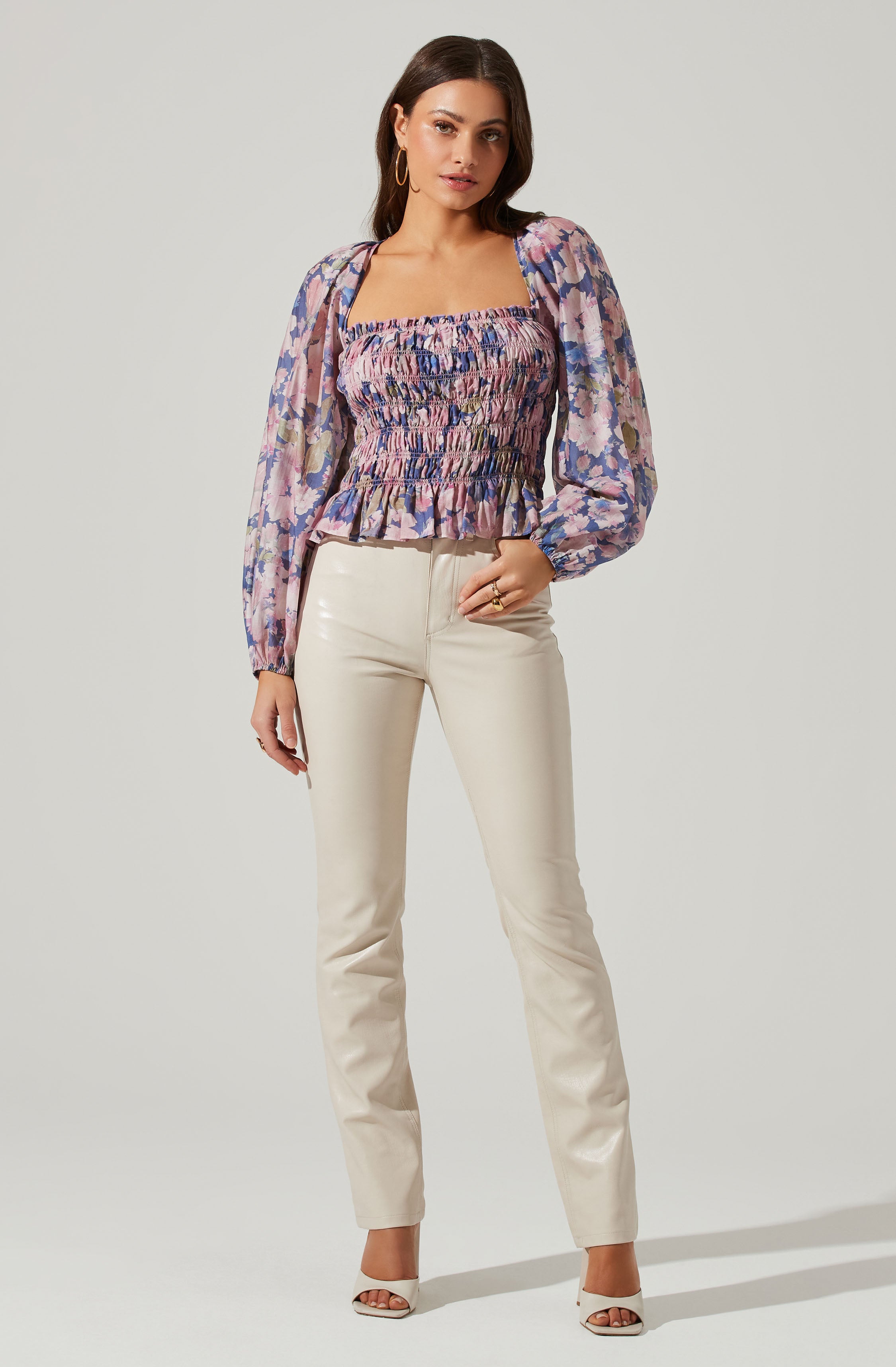 Nicollete Square Neck Smocked Long Sleeve Top-Aljck