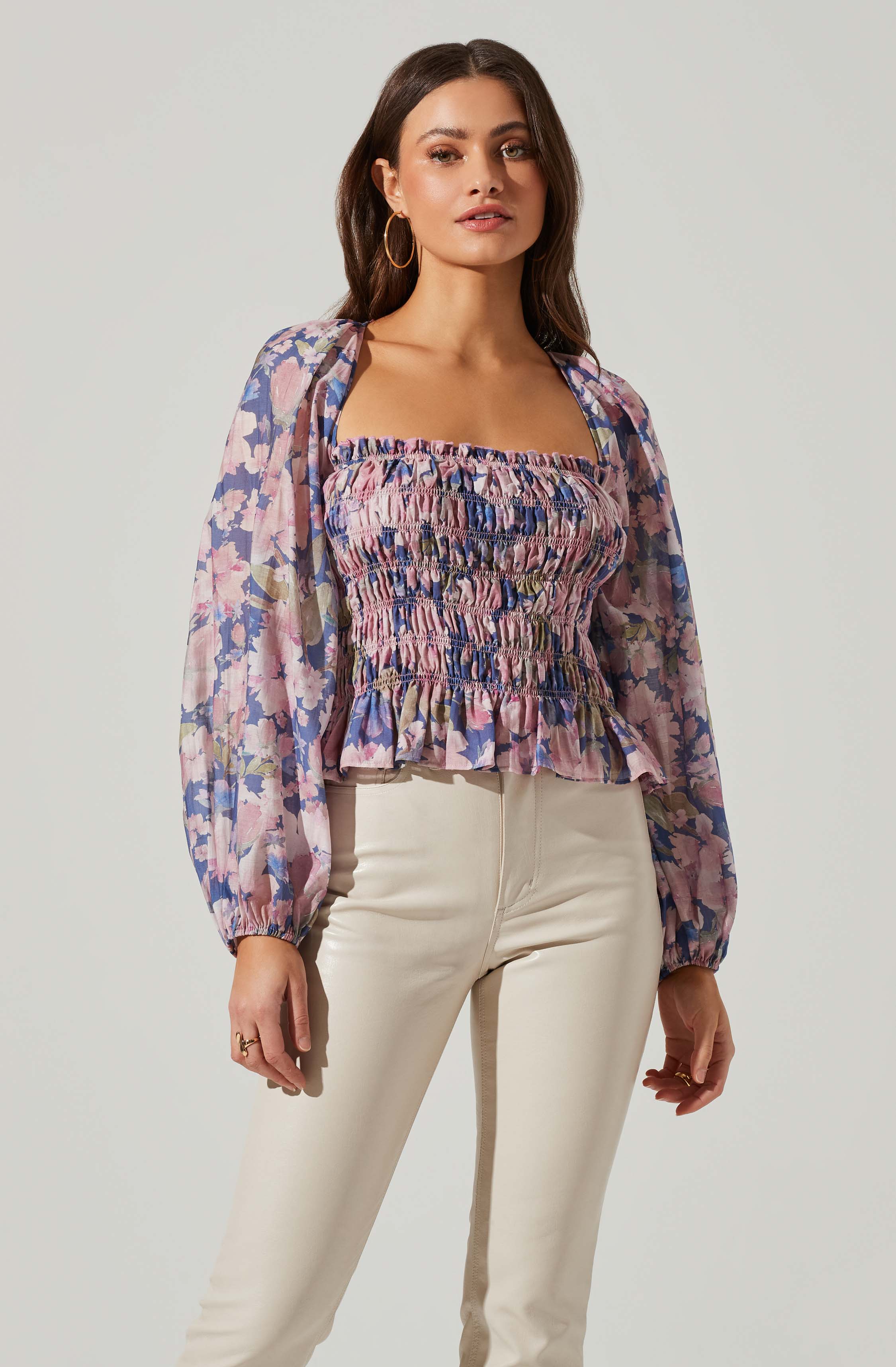 Nicollete Square Neck Smocked Long Sleeve Top-Aljck