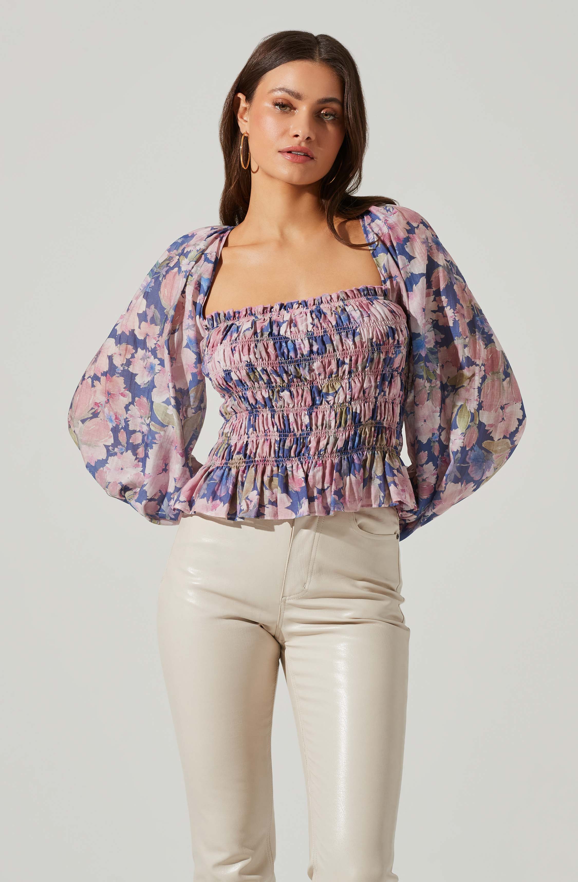 Nicollete Square Neck Smocked Long Sleeve Top-Aljck