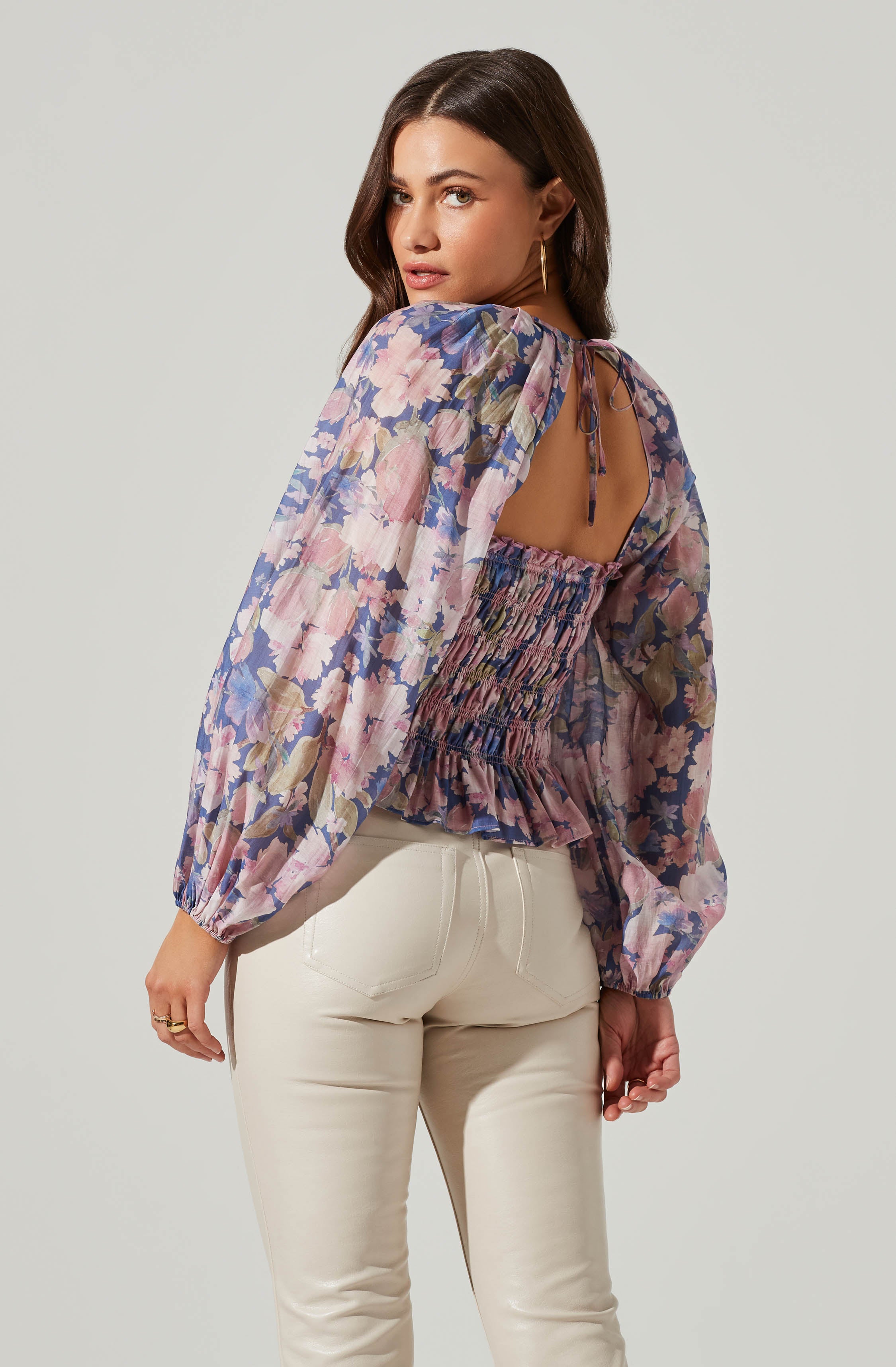 Nicollete Square Neck Smocked Long Sleeve Top-Aljck