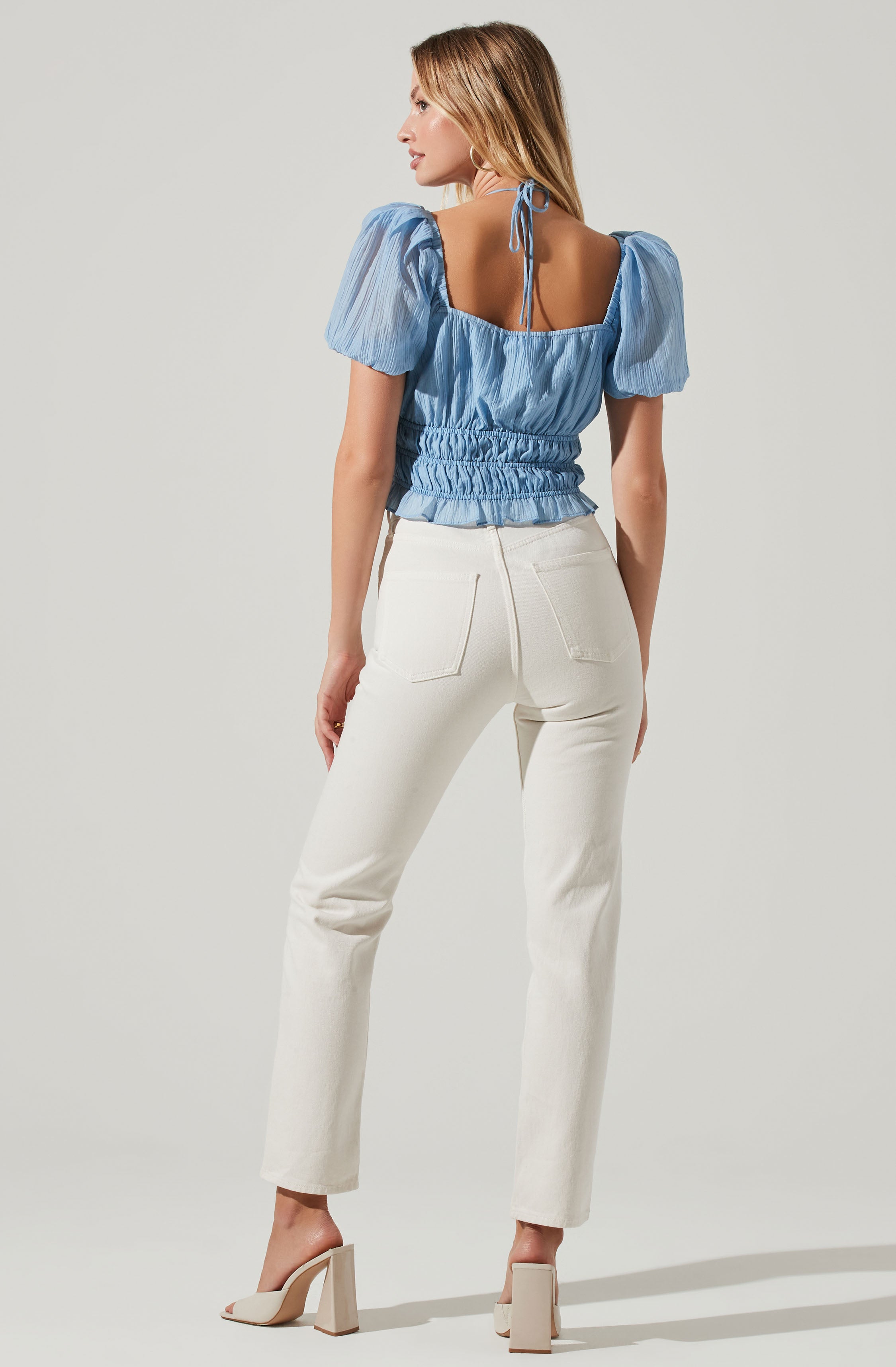 Tarian Halter Smocked Puff Sleeve Top-Aljck