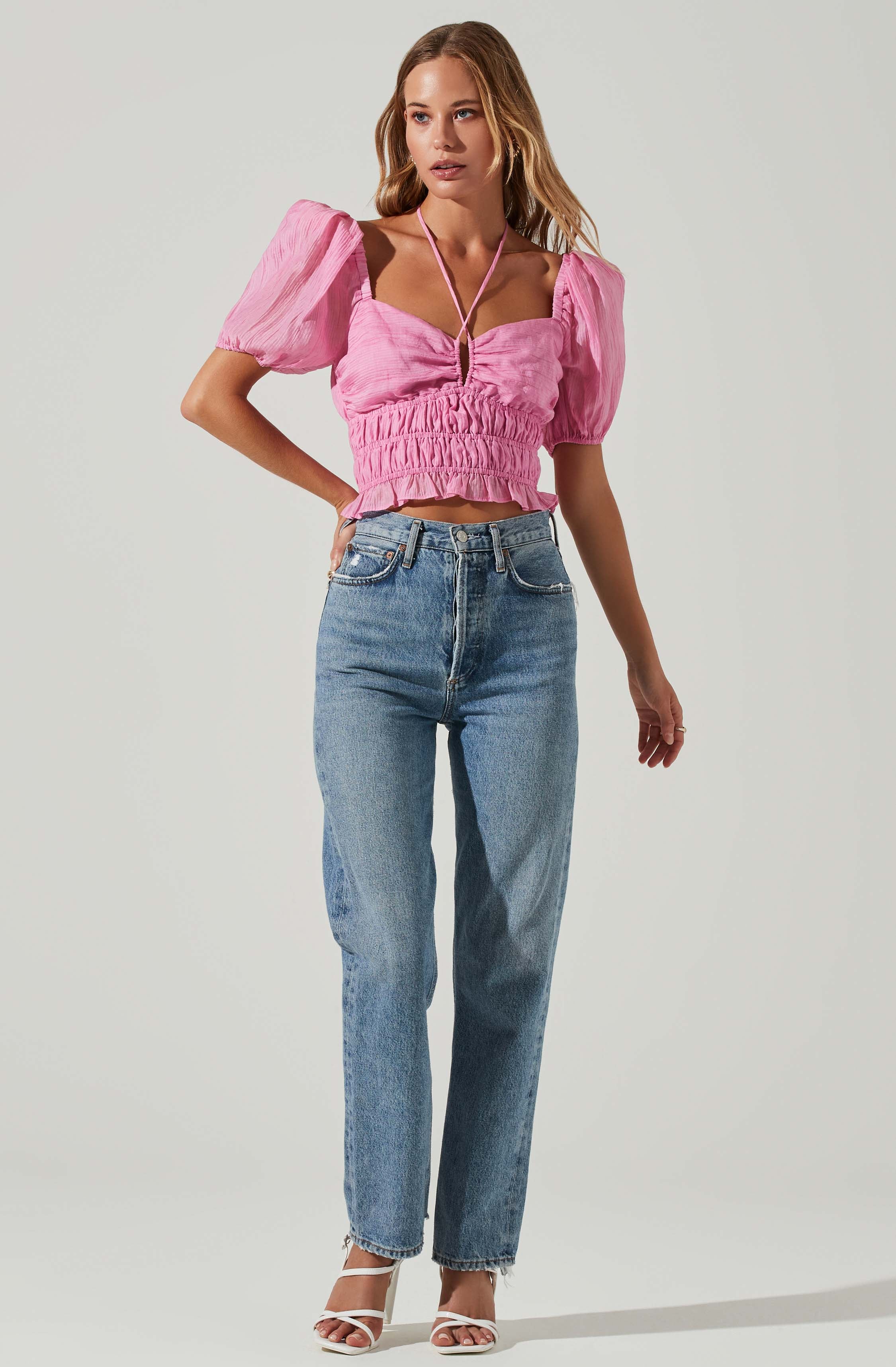 Tarian Halter Smocked Puff Sleeve Top-Aljck