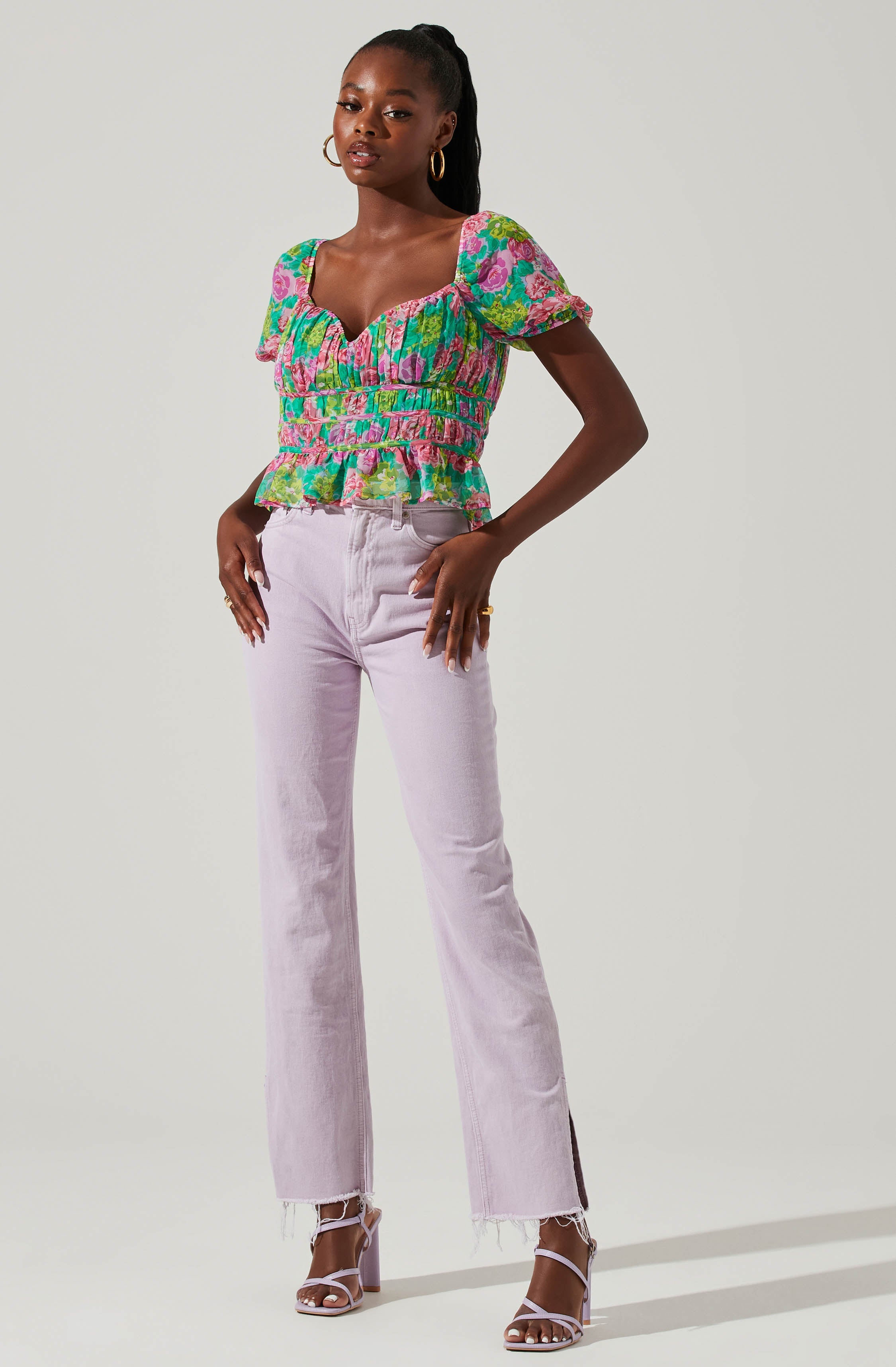 Leigh Floral Pleated Puff Sleeve Top-Aljck