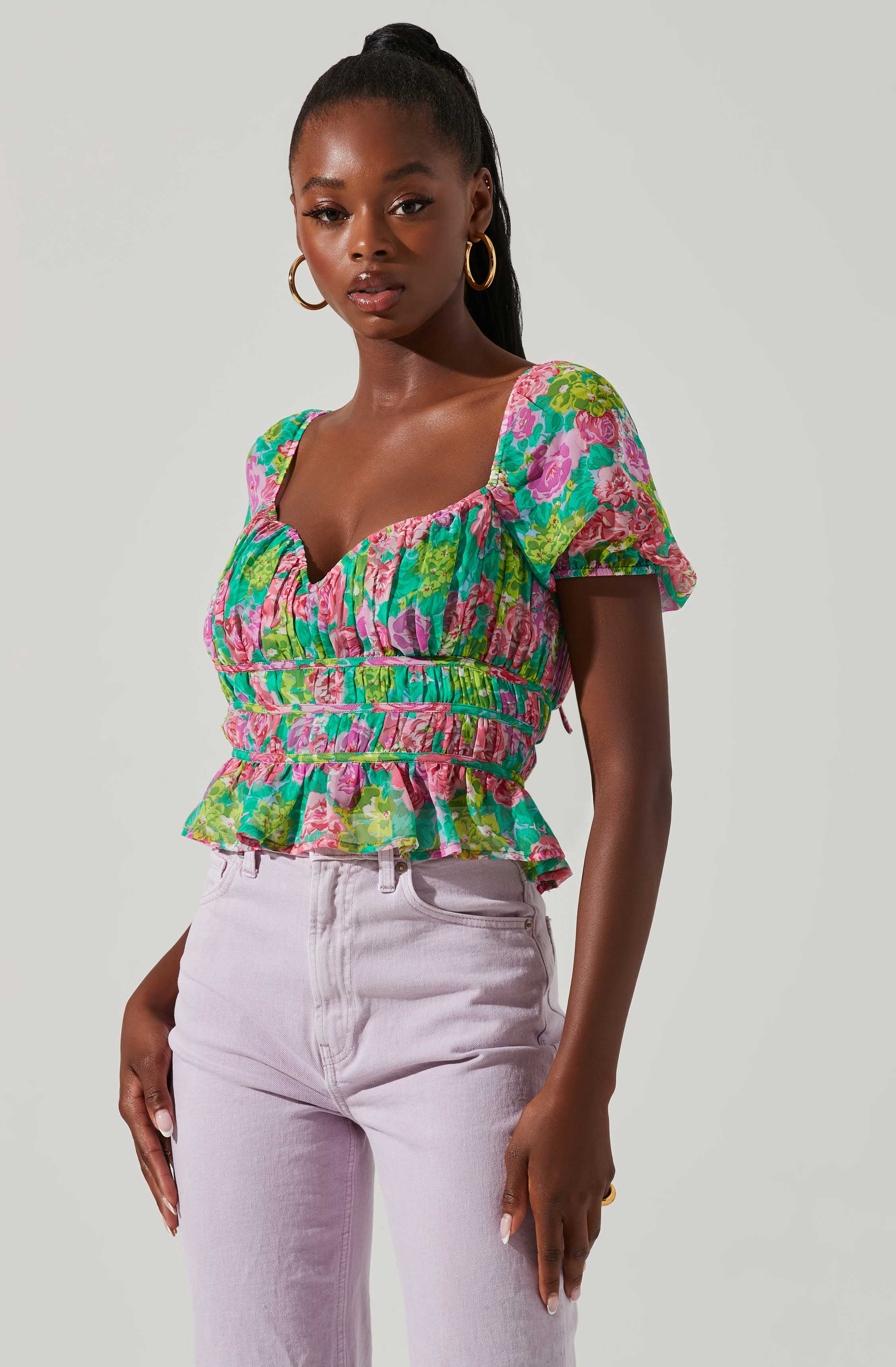 Leigh Floral Pleated Puff Sleeve Top-Aljck