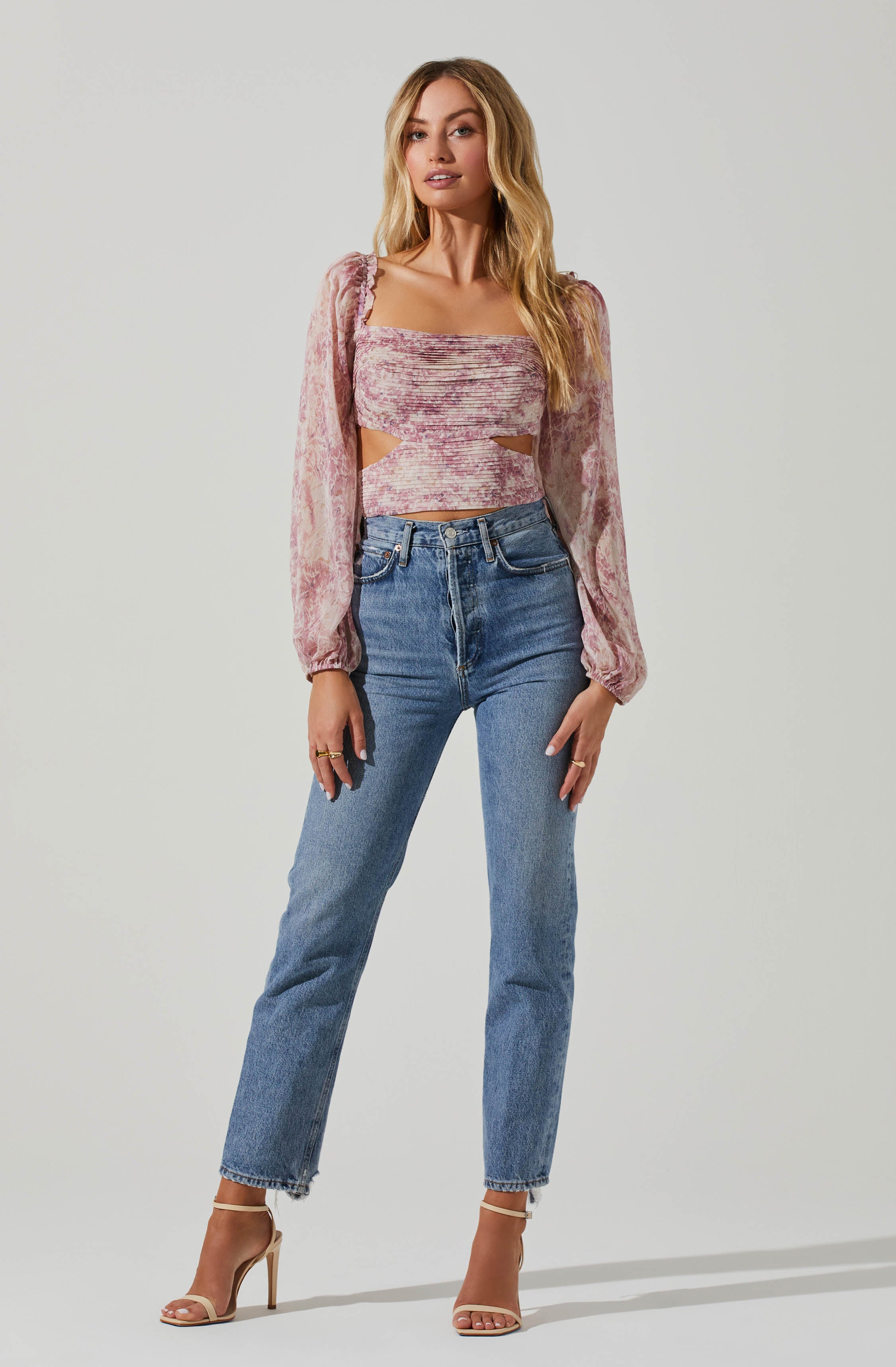 Savita Abstract Print Ruched Cutout Top-Aljck