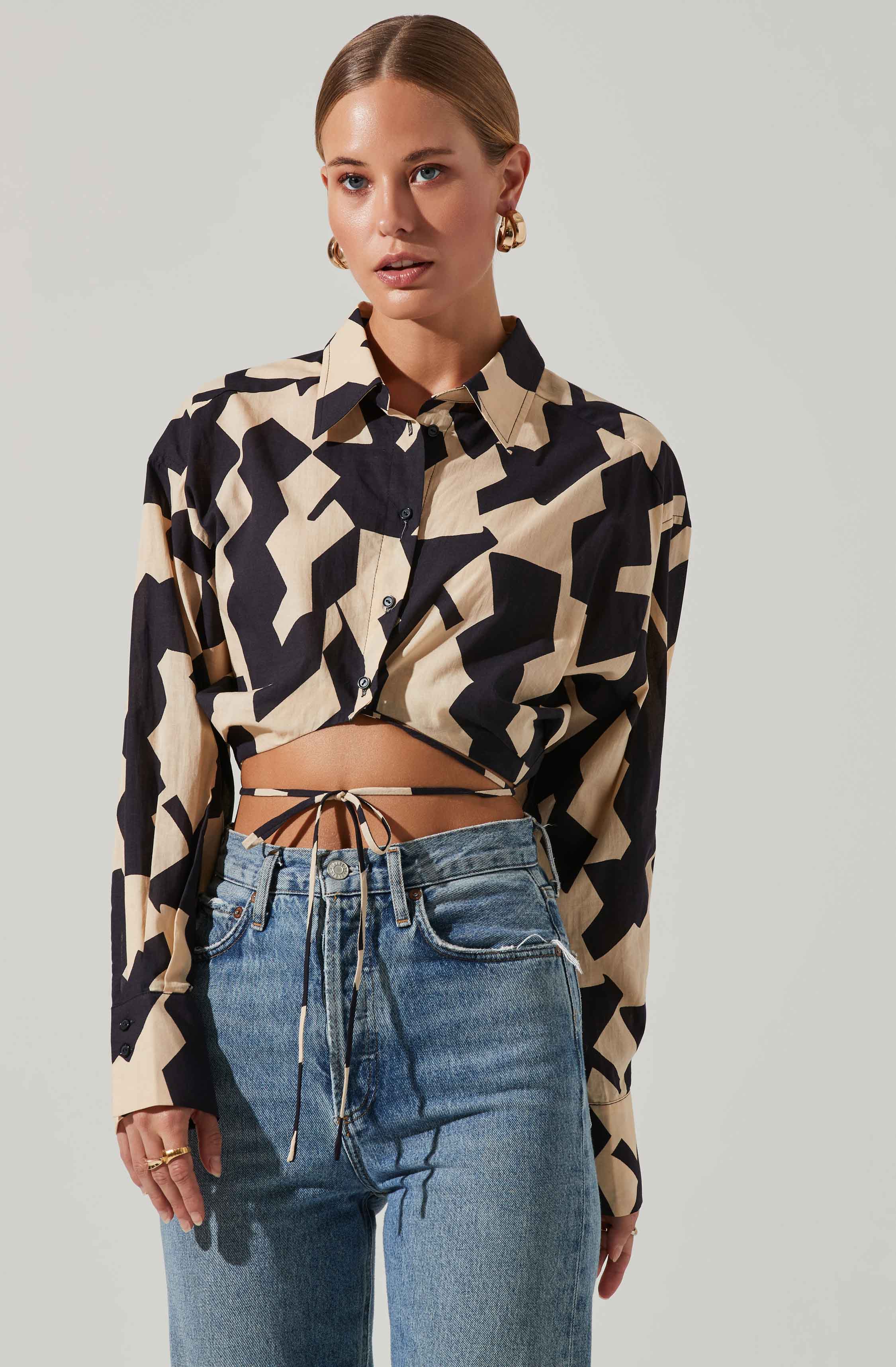 Claude Cropped Geo Print Button Down Tie Waist Top-Aljck