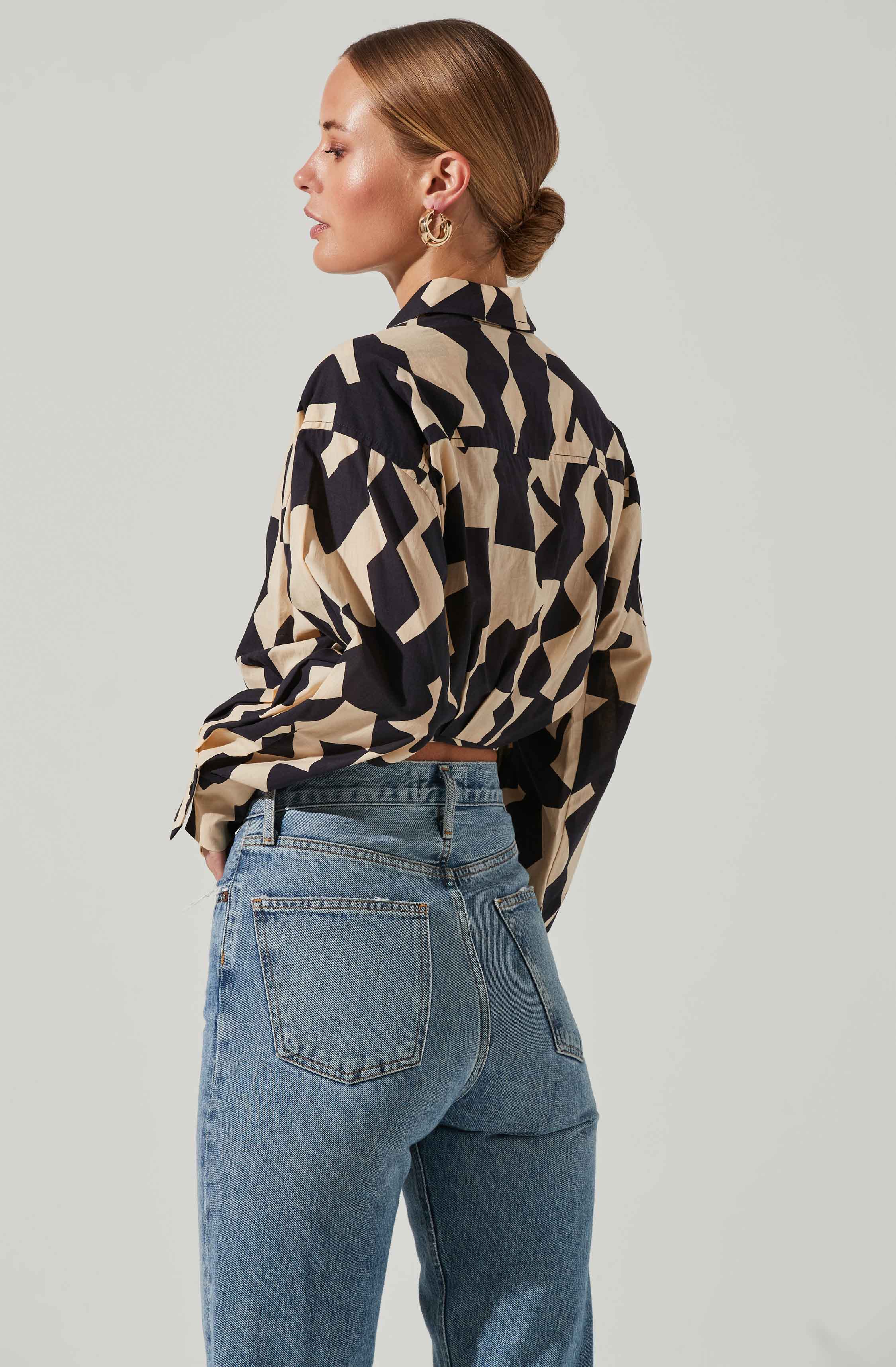 Claude Cropped Geo Print Button Down Tie Waist Top-Aljck