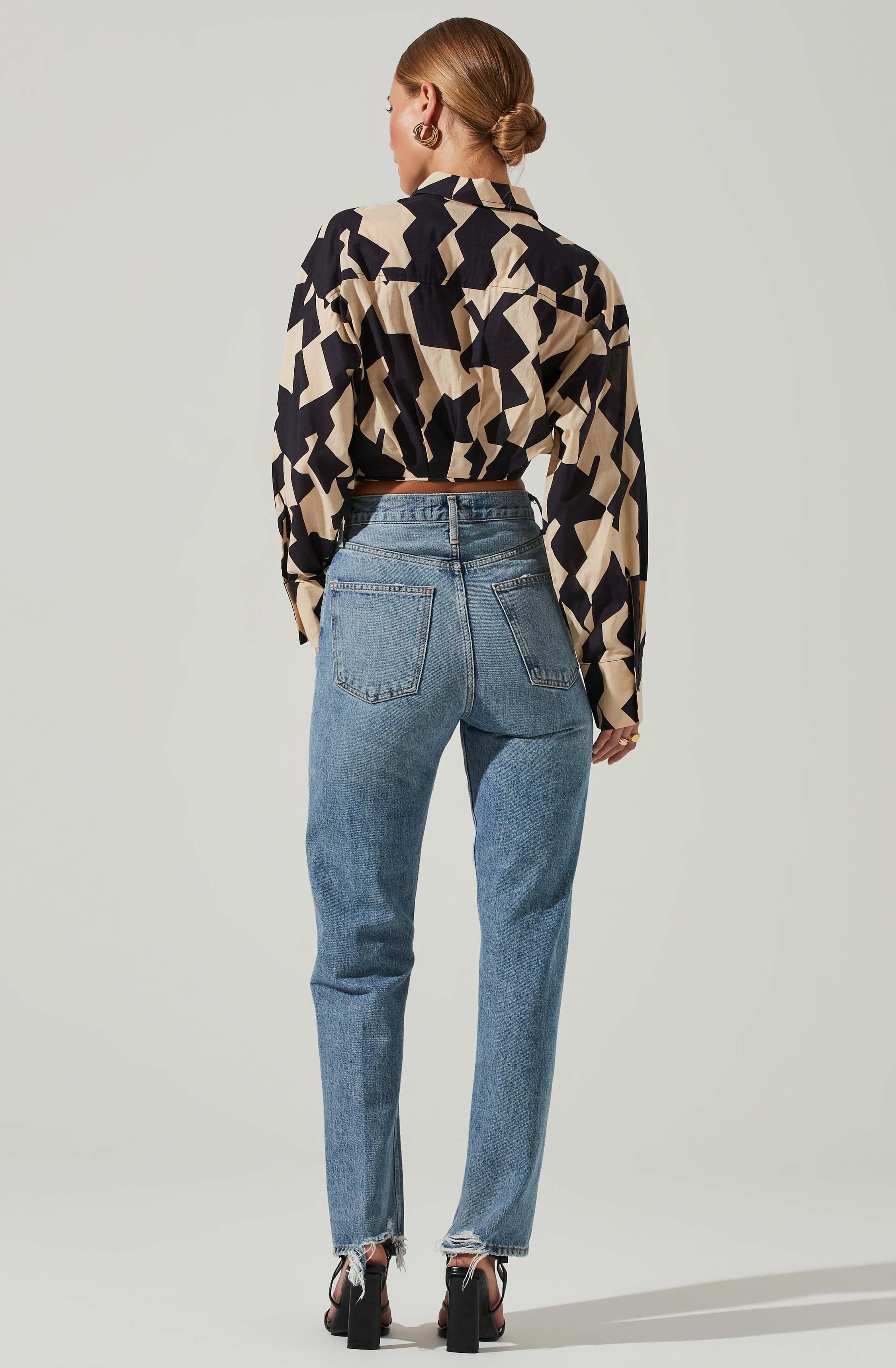 Claude Cropped Geo Print Button Down Tie Waist Top-Aljck
