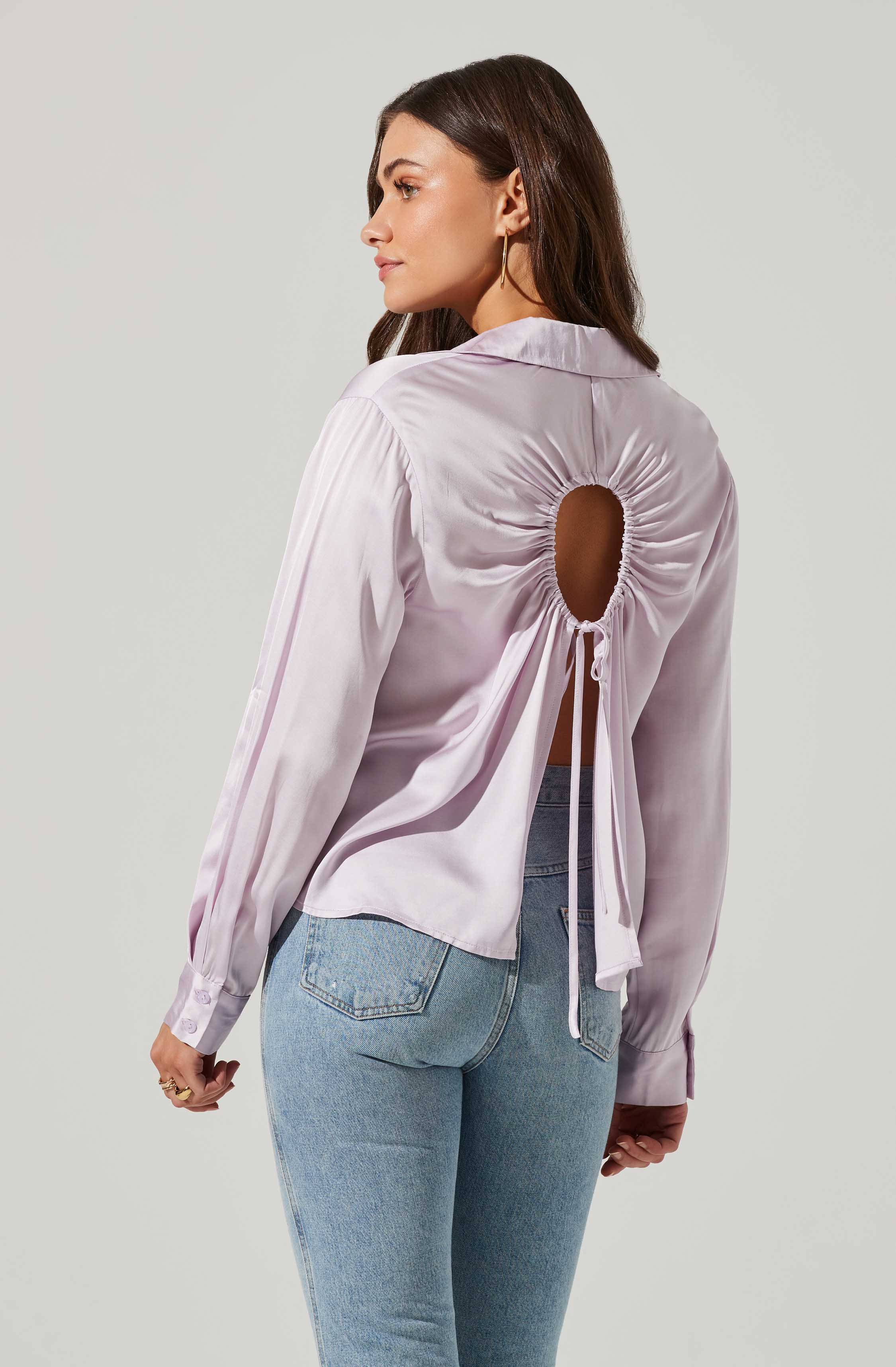 Bradford Satin Open Back Long Sleeve Top-Aljck