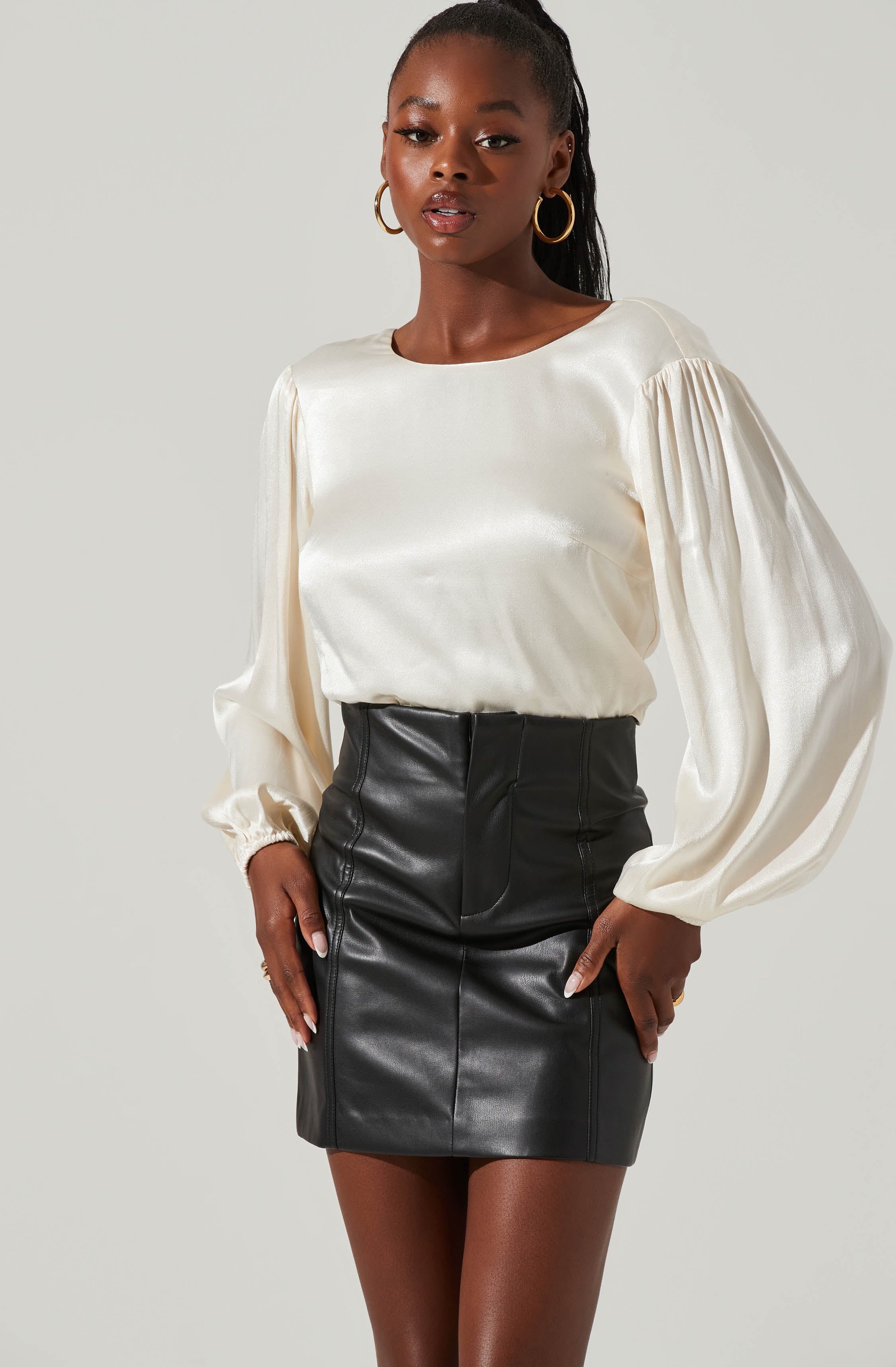 Deja Satin Open Back Long Sleeve Crop Top-Aljck