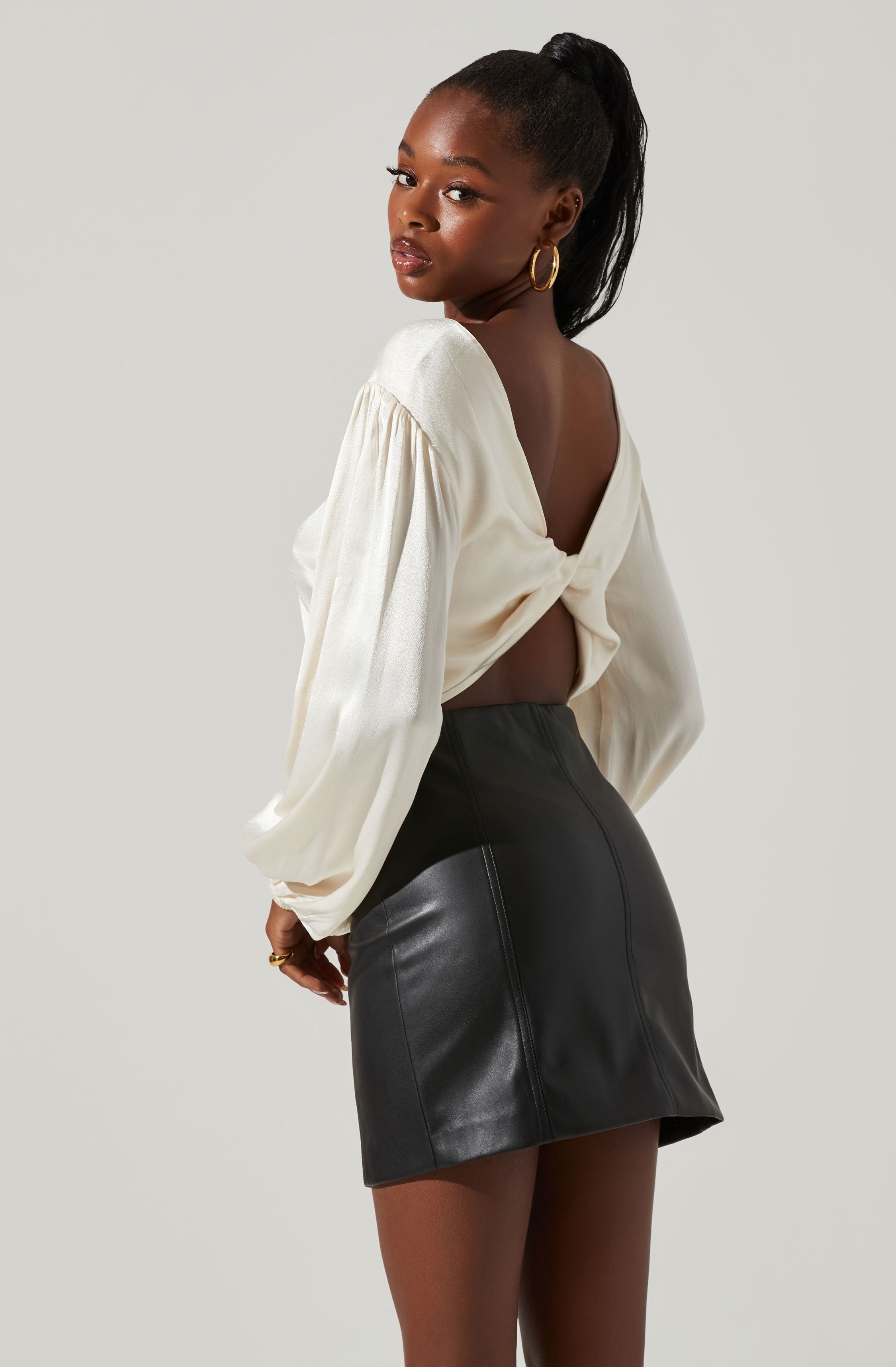 Deja Satin Open Back Long Sleeve Crop Top-Aljck