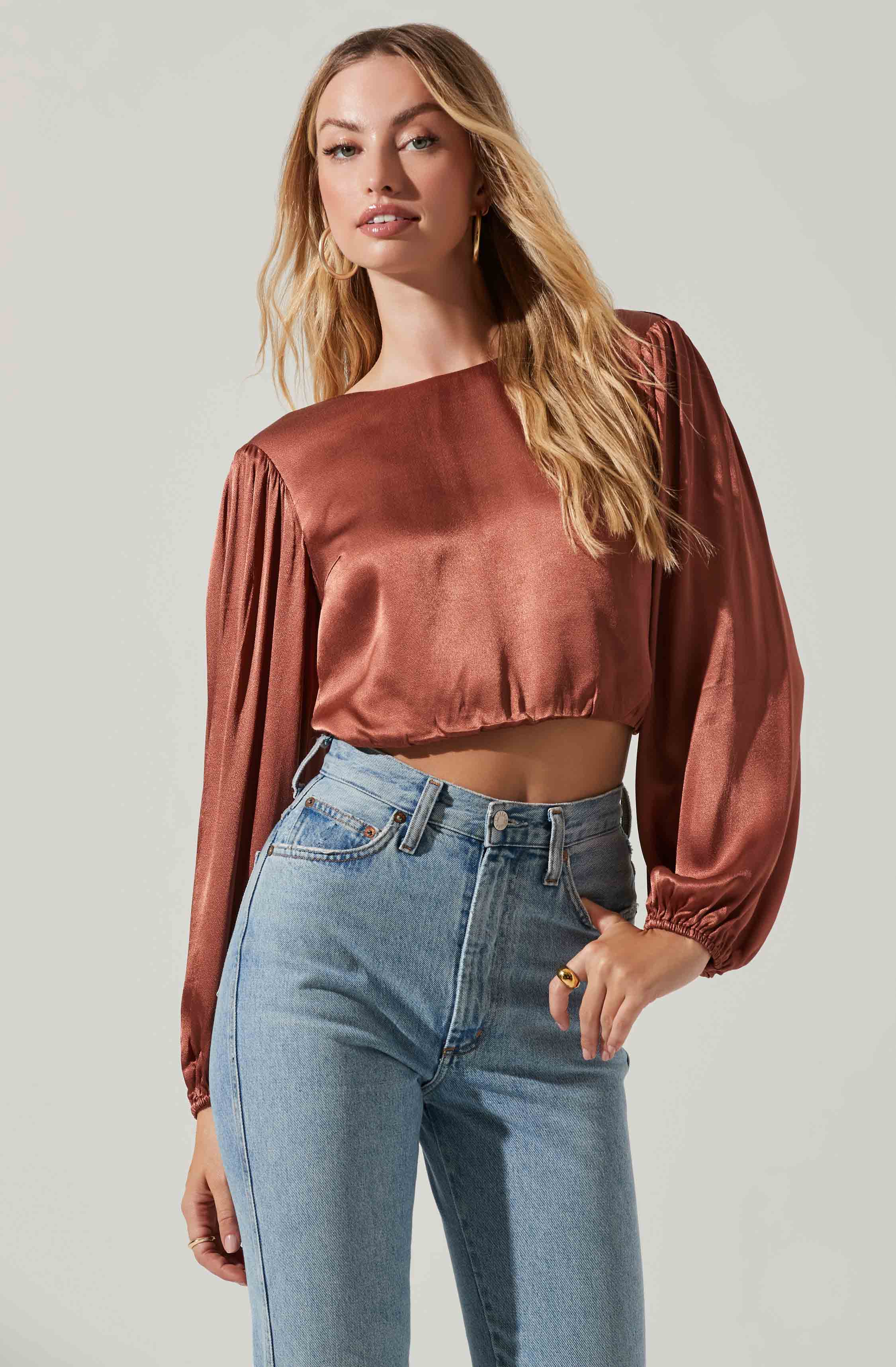 Deja Satin Open Back Long Sleeve Crop Top-Aljck