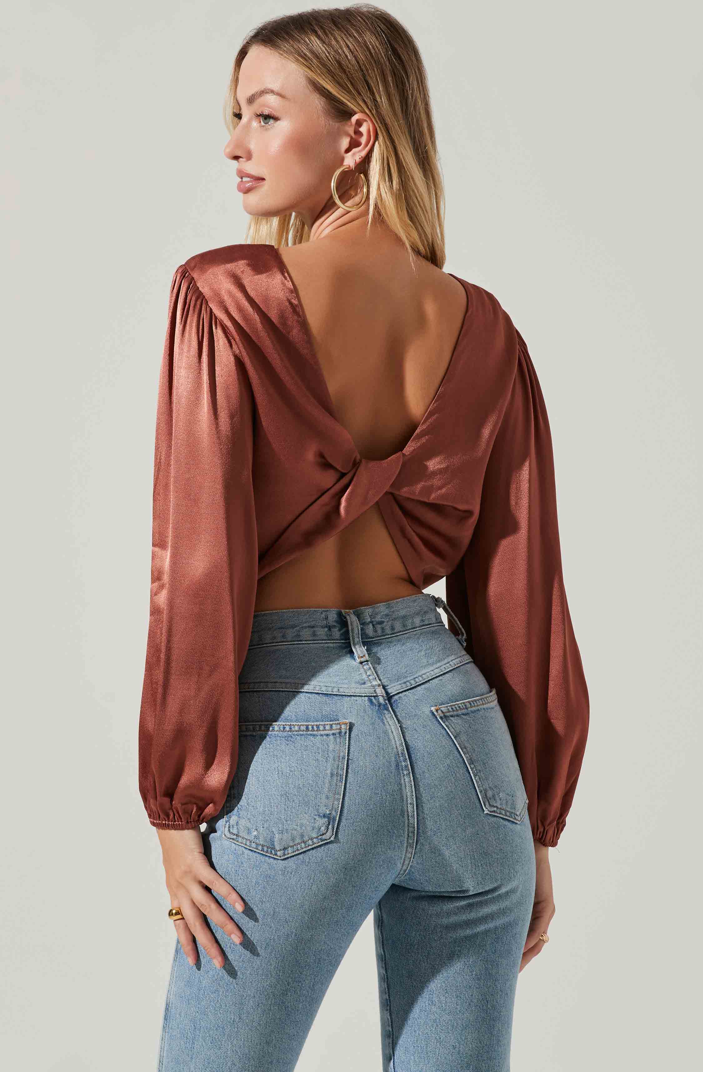 Deja Satin Open Back Long Sleeve Crop Top-Aljck
