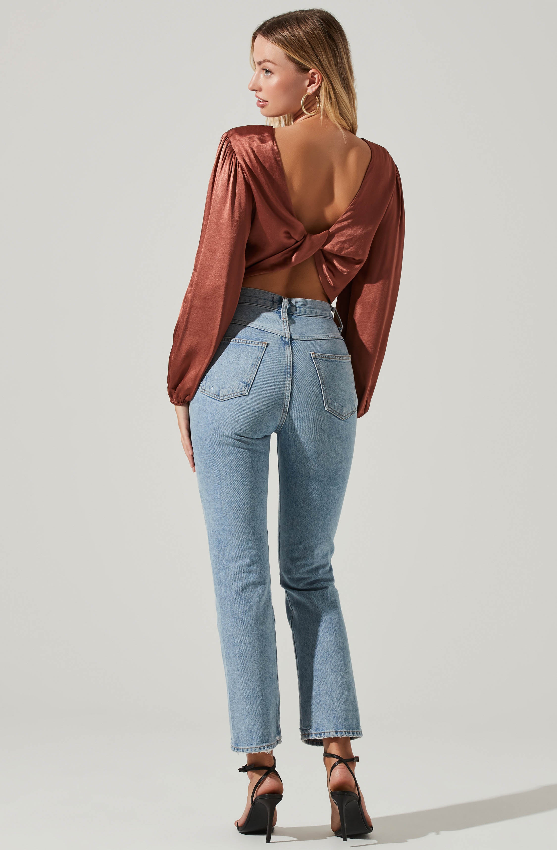 Deja Satin Open Back Long Sleeve Crop Top-Aljck