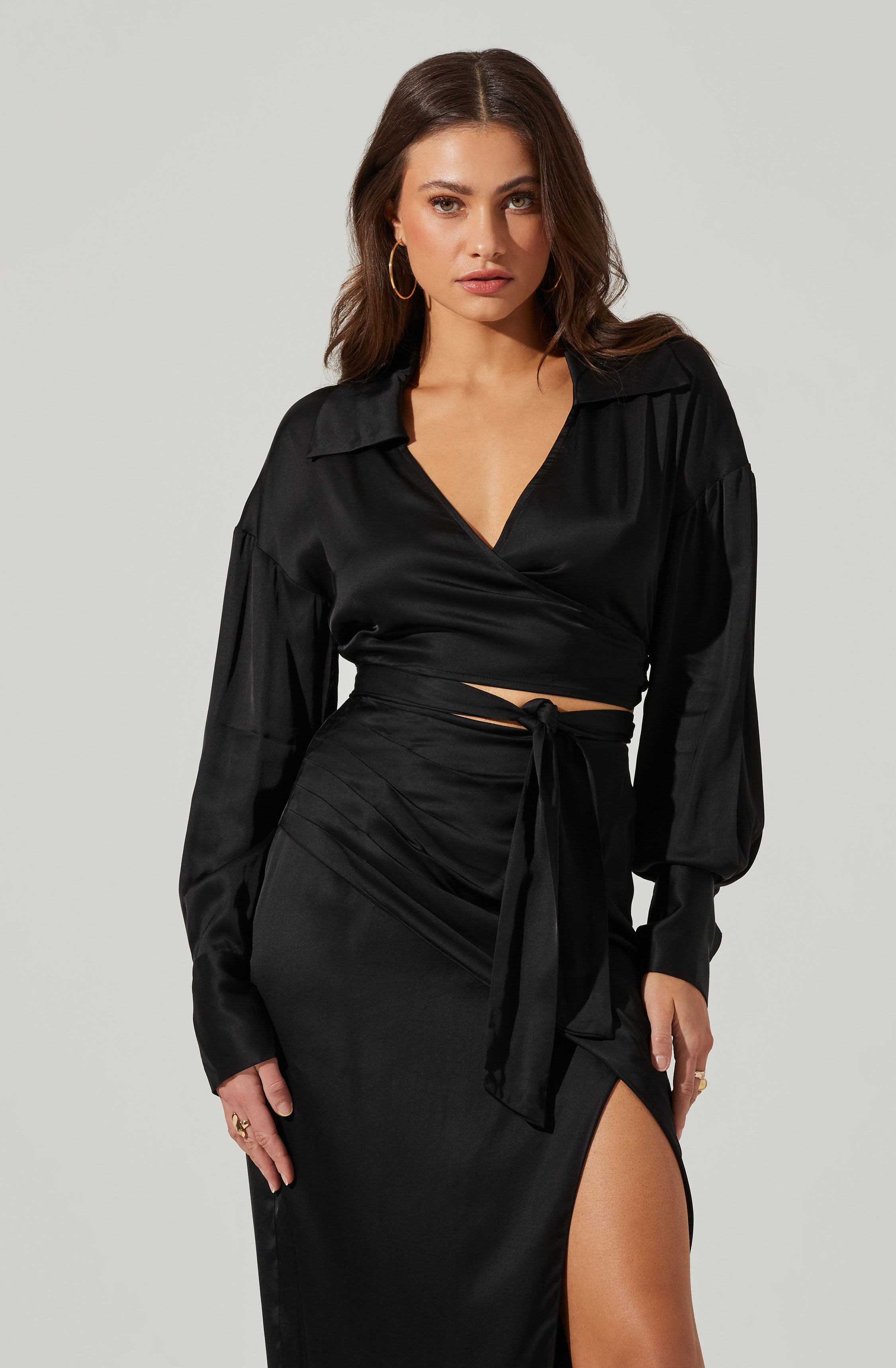 Loretta Satin Cropped Tie Waist Top-Aljck