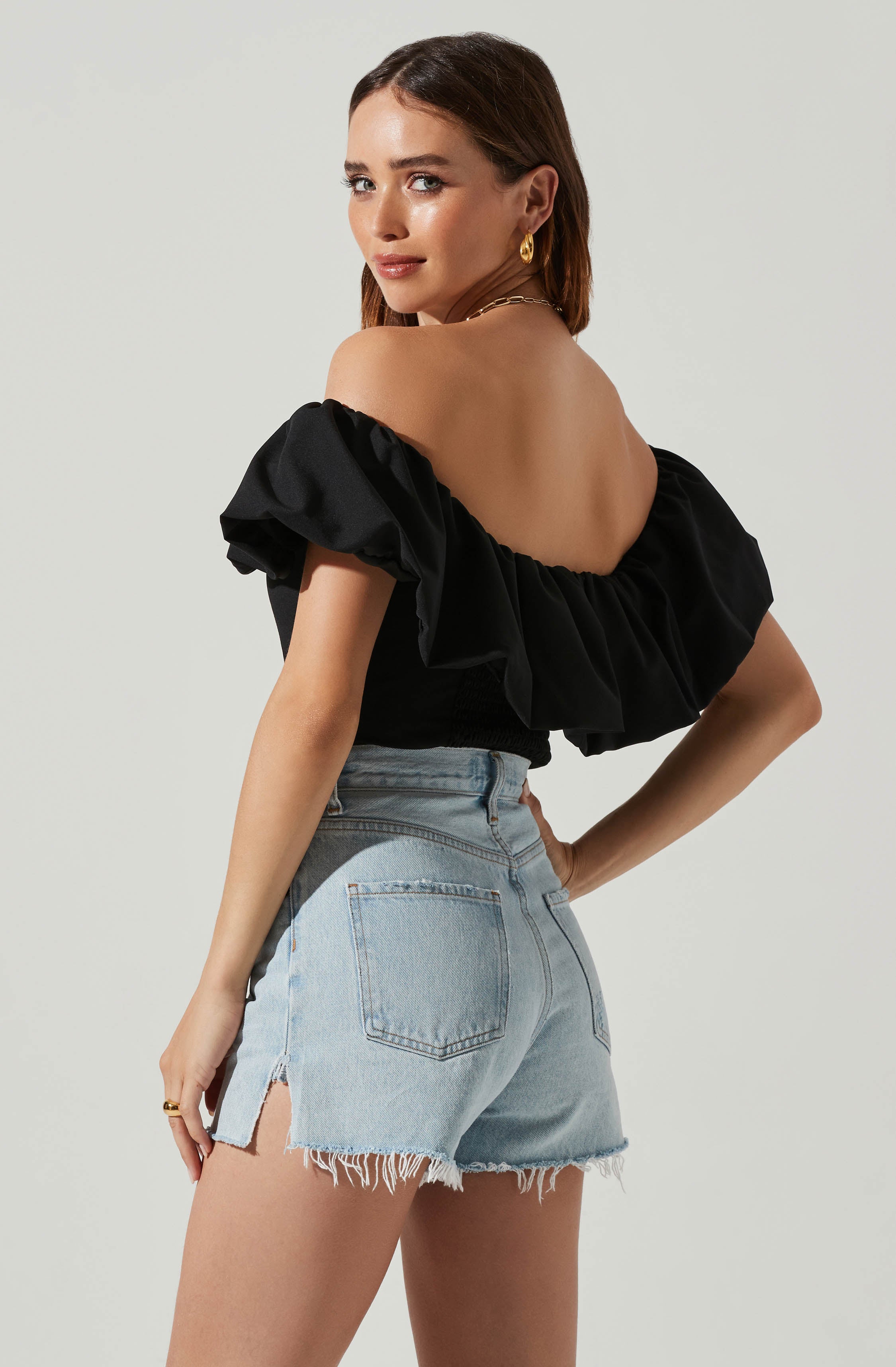 Claribelle Ruffle Hem Off Shoulder Top-Aljck