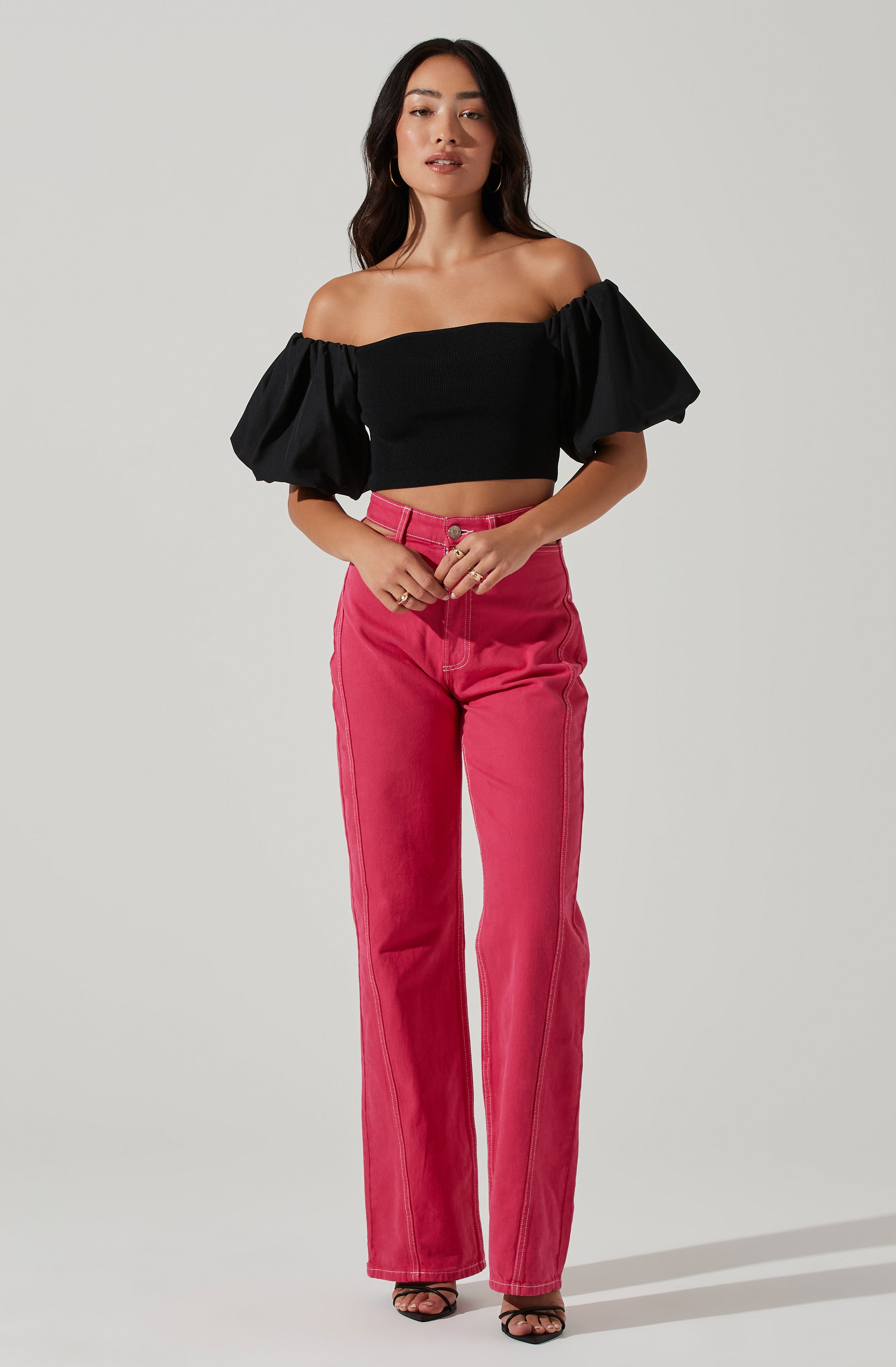 Carminia Sweater Knit Off Shoulder Puff Sleeve Top-Aljck