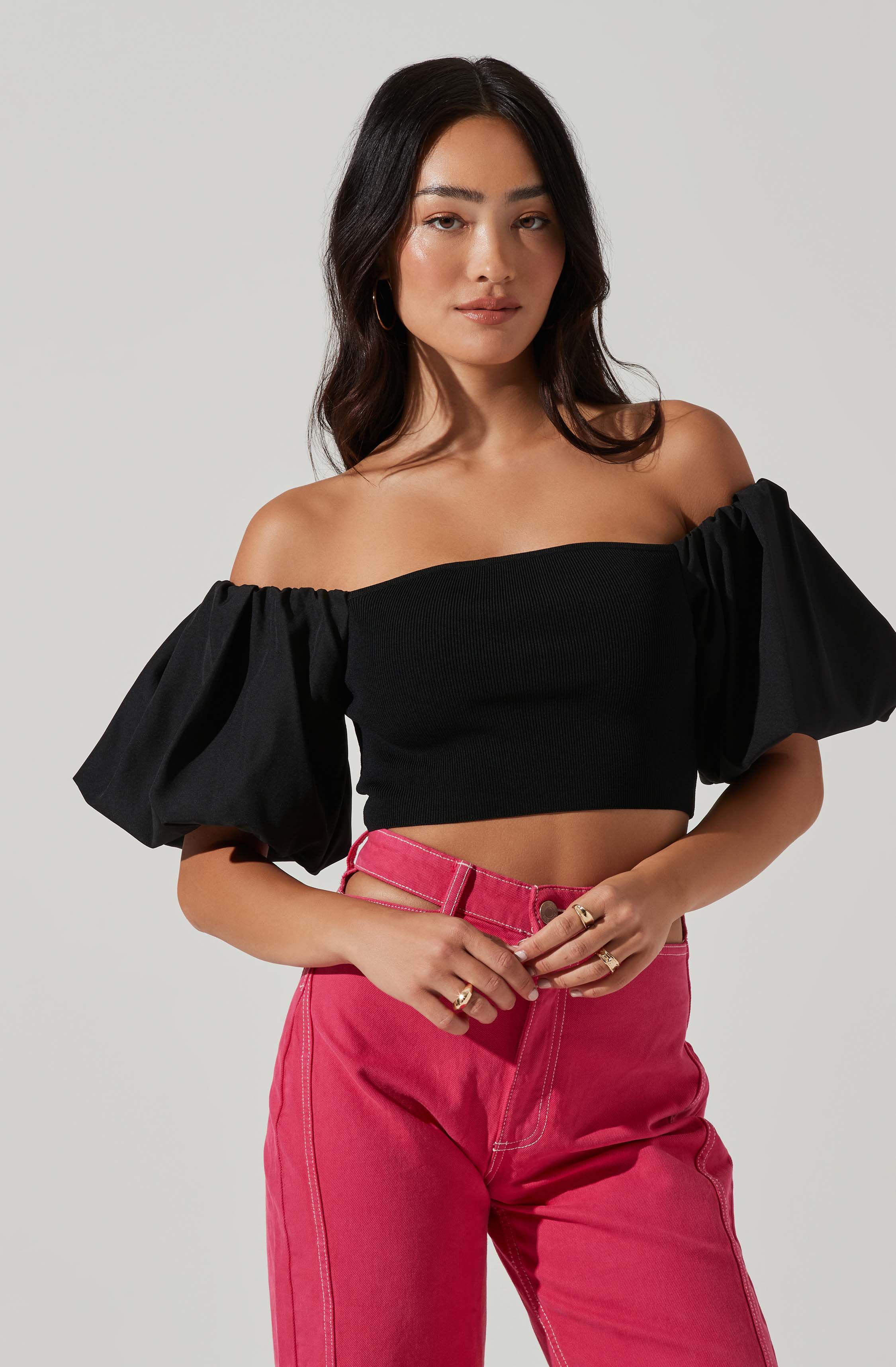 Carminia Sweater Knit Off Shoulder Puff Sleeve Top-Aljck