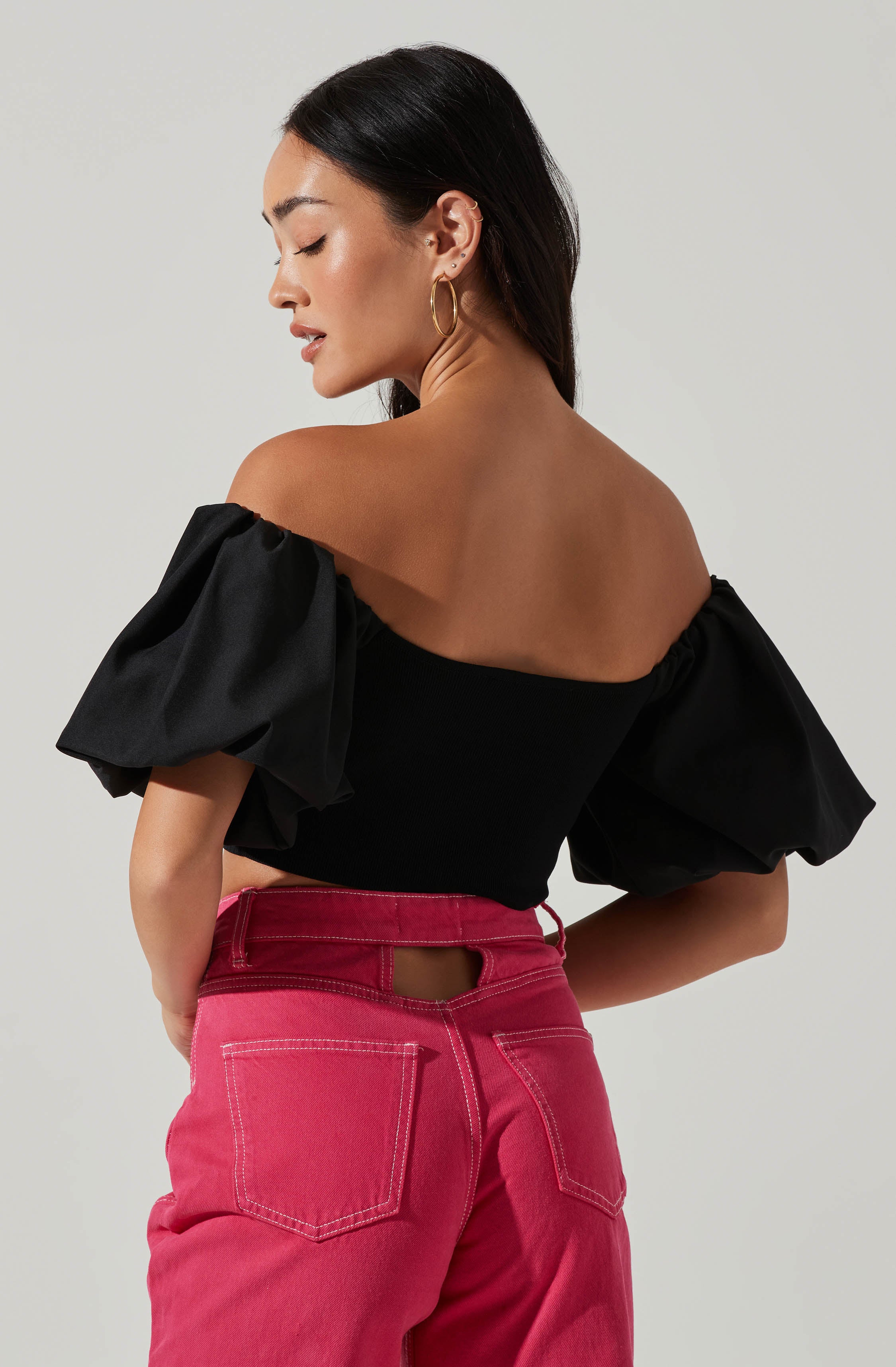 Carminia Sweater Knit Off Shoulder Puff Sleeve Top-Aljck