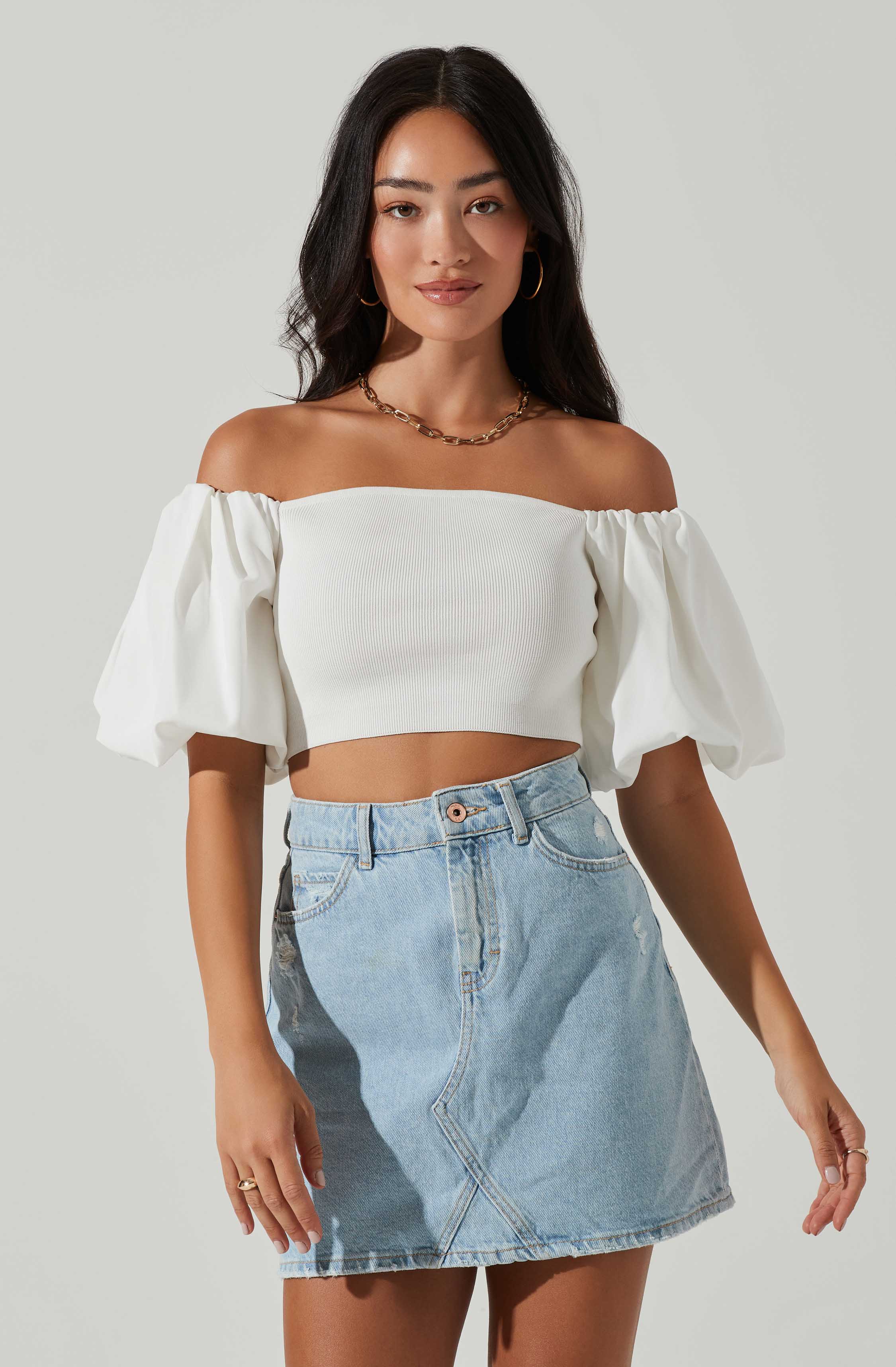 Carminia Sweater Knit Off Shoulder Puff Sleeve Top-Aljck