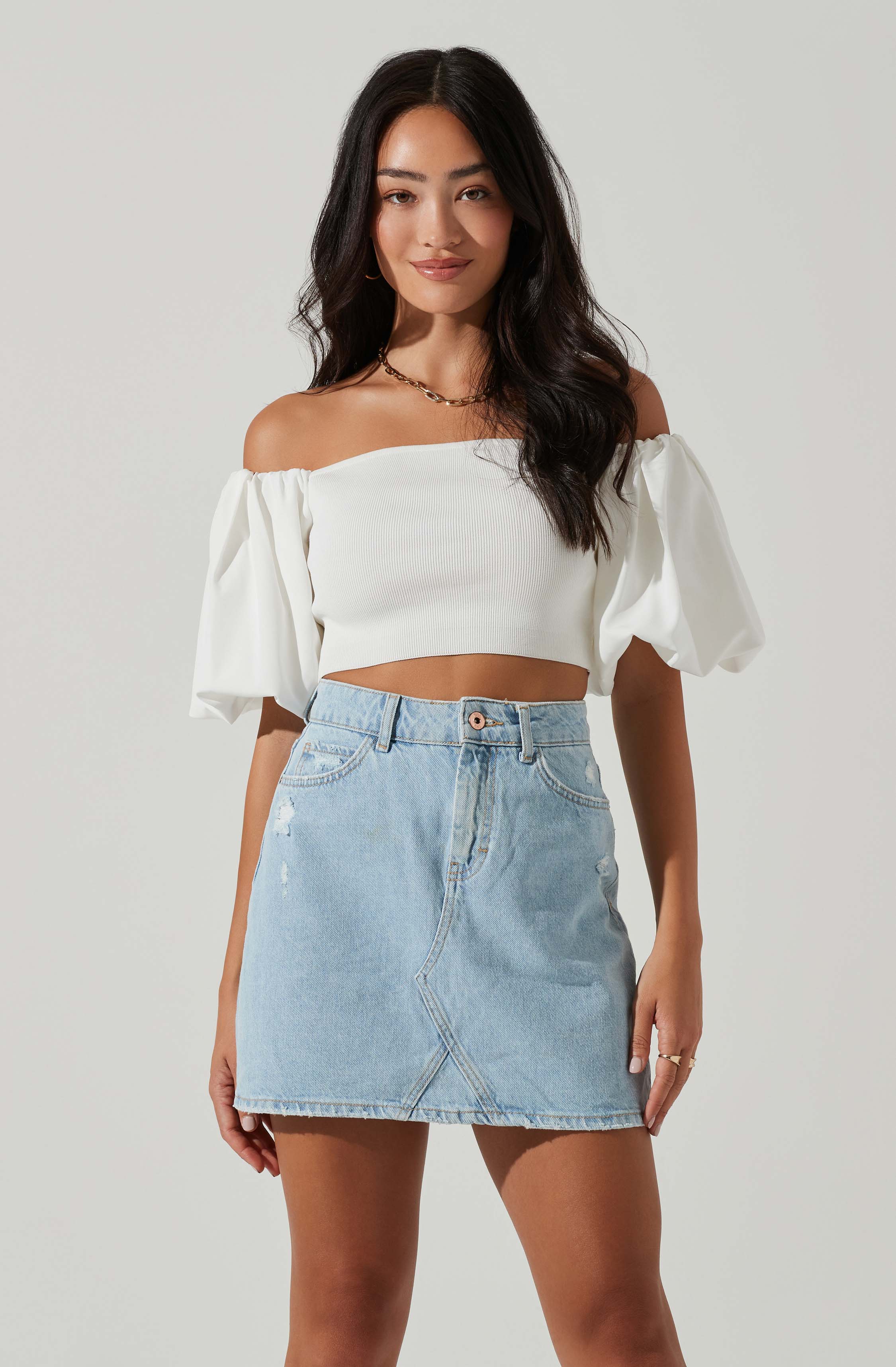 Carminia Sweater Knit Off Shoulder Puff Sleeve Top-Aljck