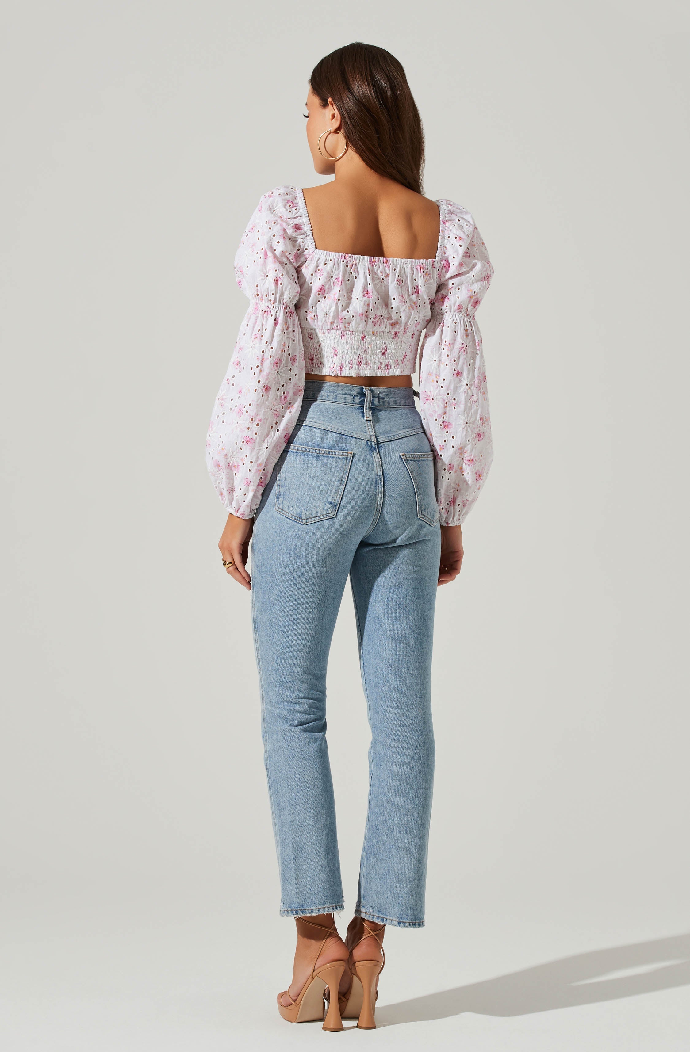 Valo Floral Eyelet Long Sleeve Crop Top-Aljck