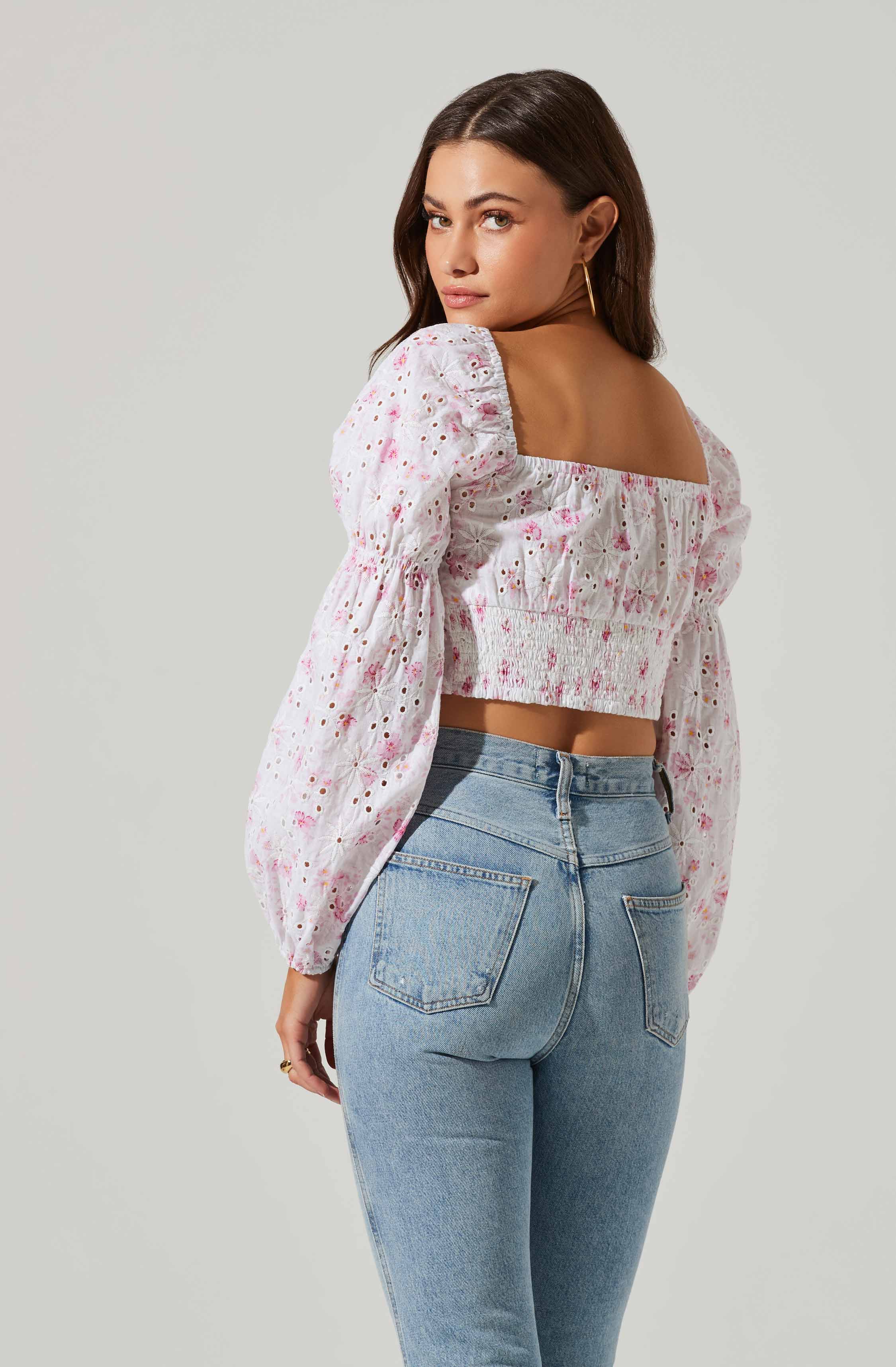 Valo Floral Eyelet Long Sleeve Crop Top-Aljck