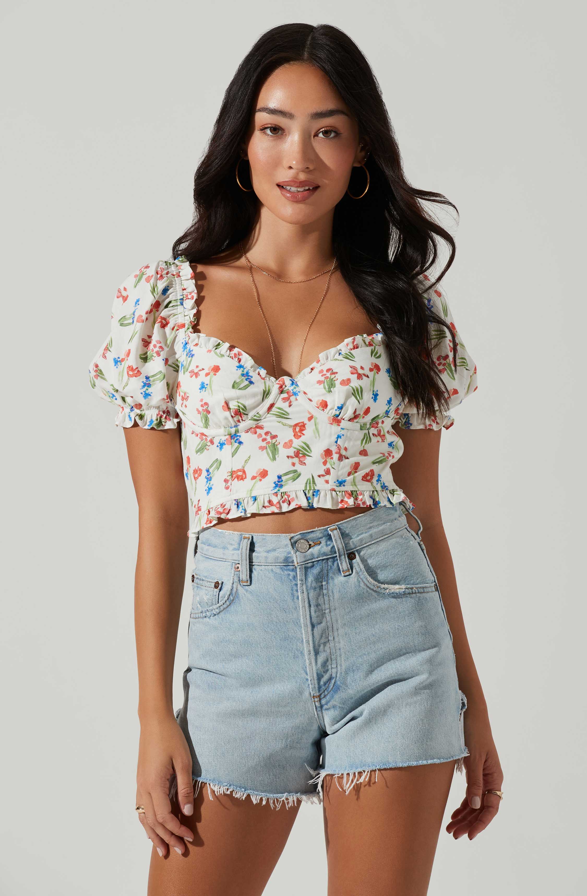 Feronia Floral Sweetheart Puff Sleeve Top-Aljck