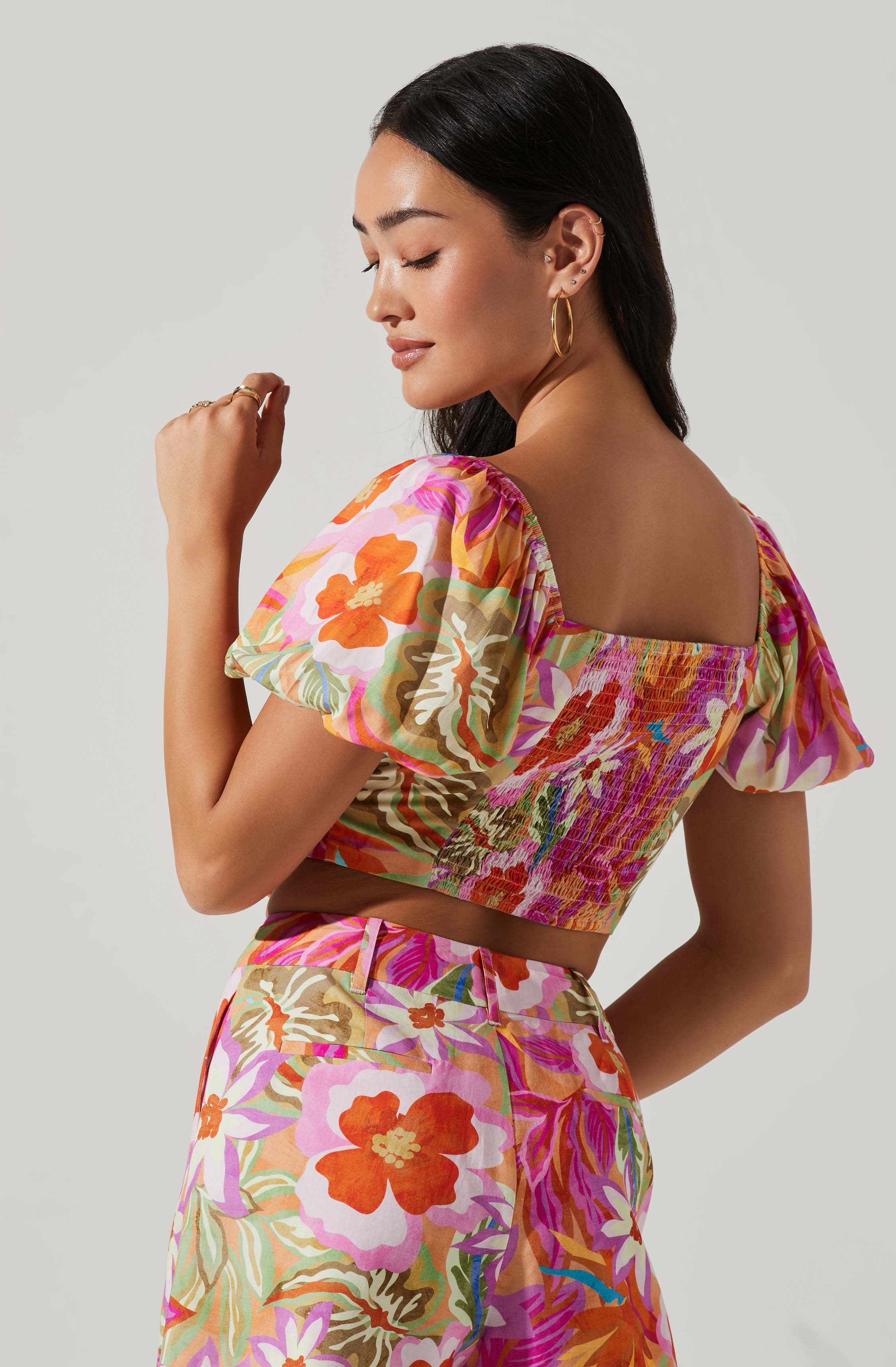 Kerry Floral Puff Sleeve Tie Waist Top-Aljck