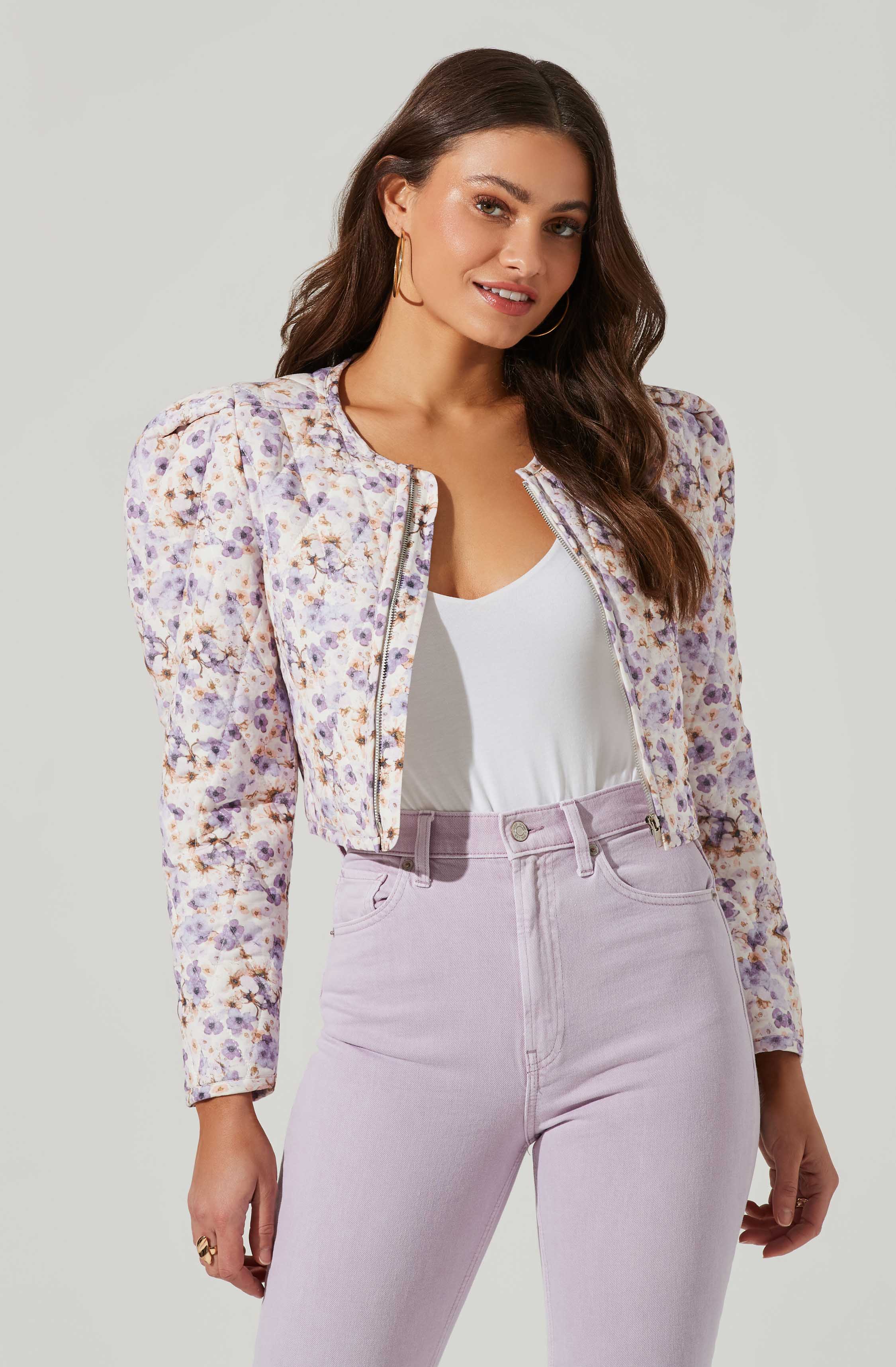 Brea Floral Quilted Cropped Puff Sleeve Jacket-Aljck