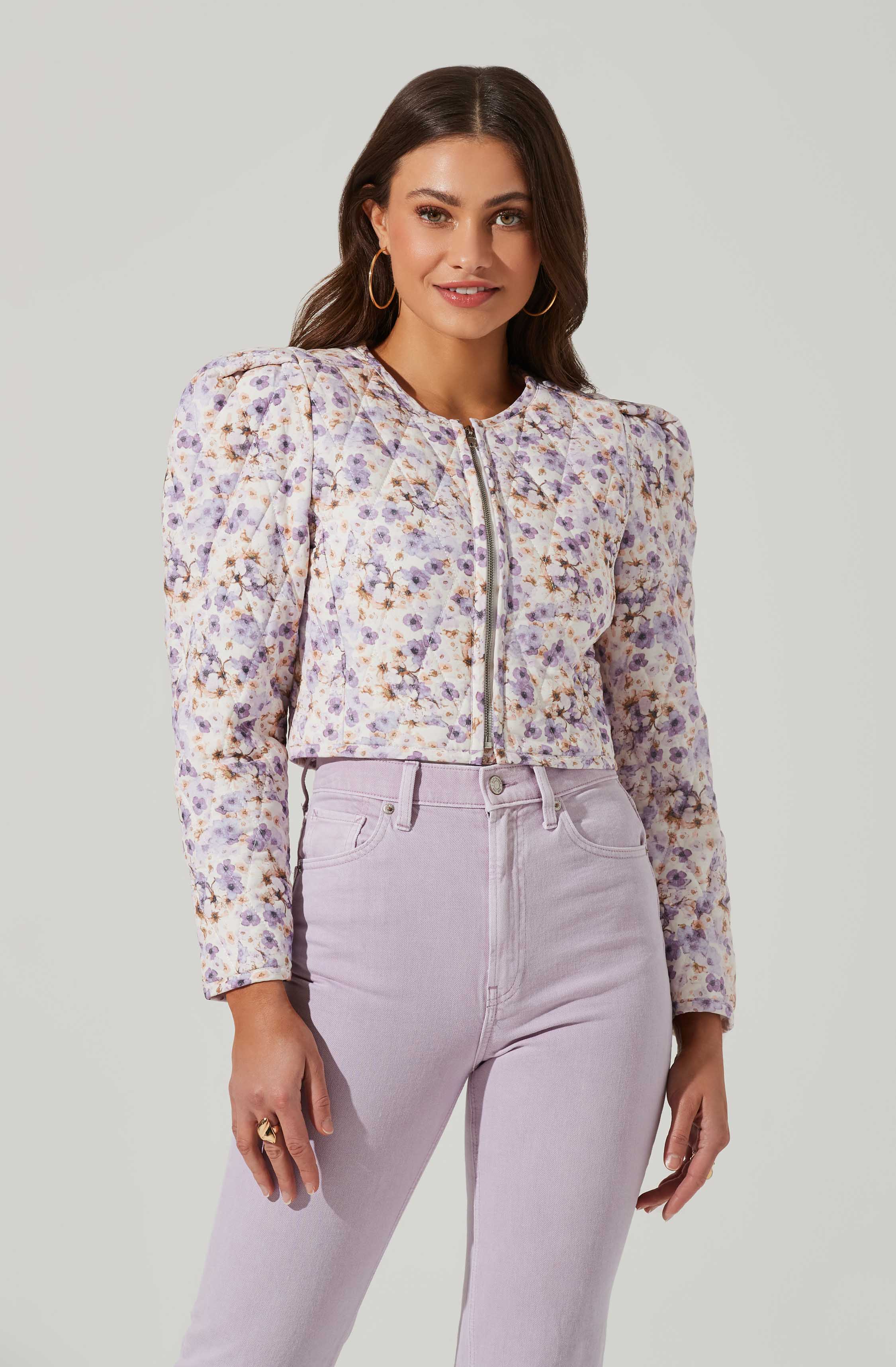 Brea Floral Quilted Cropped Puff Sleeve Jacket-Aljck