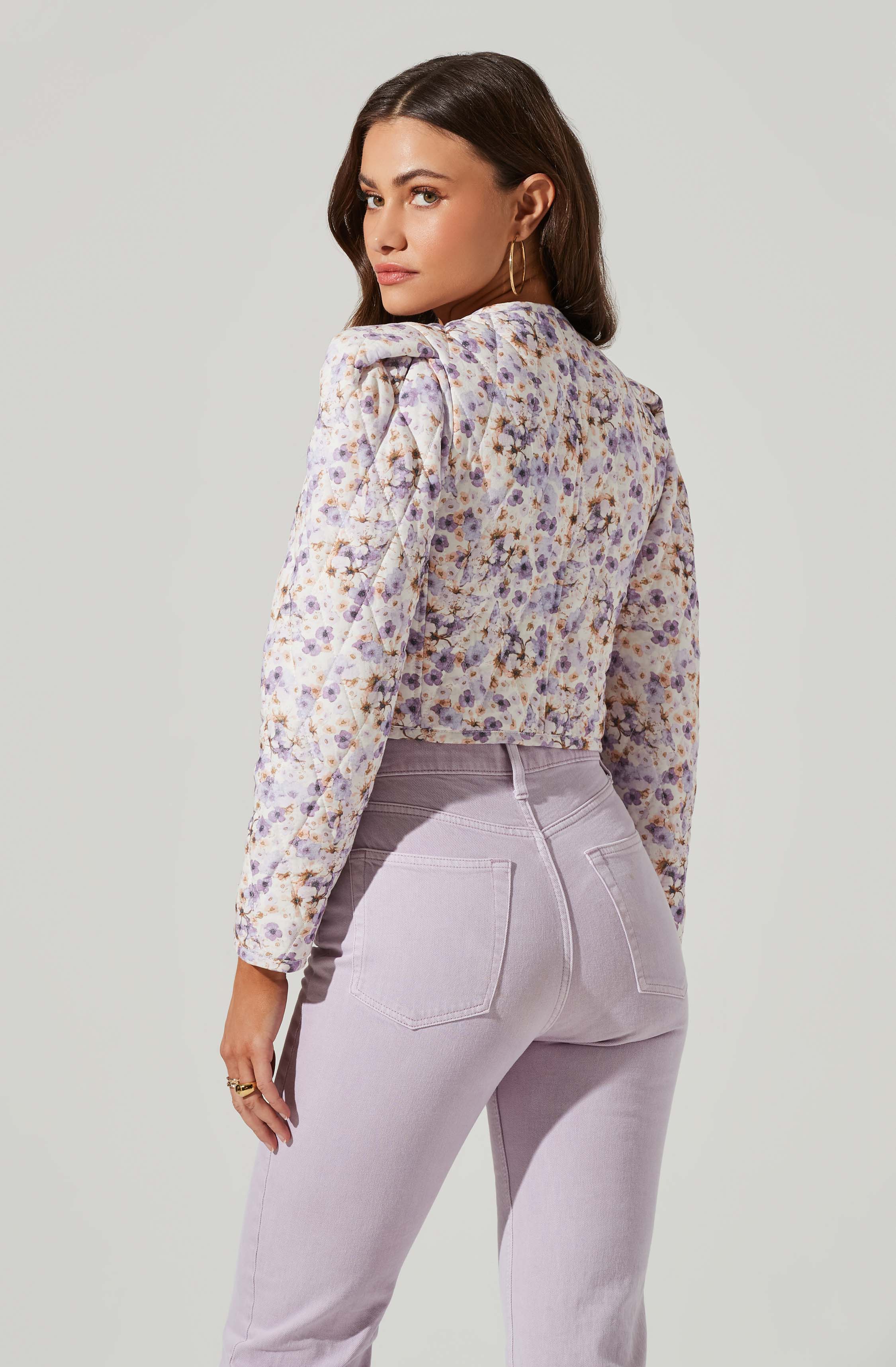 Brea Floral Quilted Cropped Puff Sleeve Jacket-Aljck