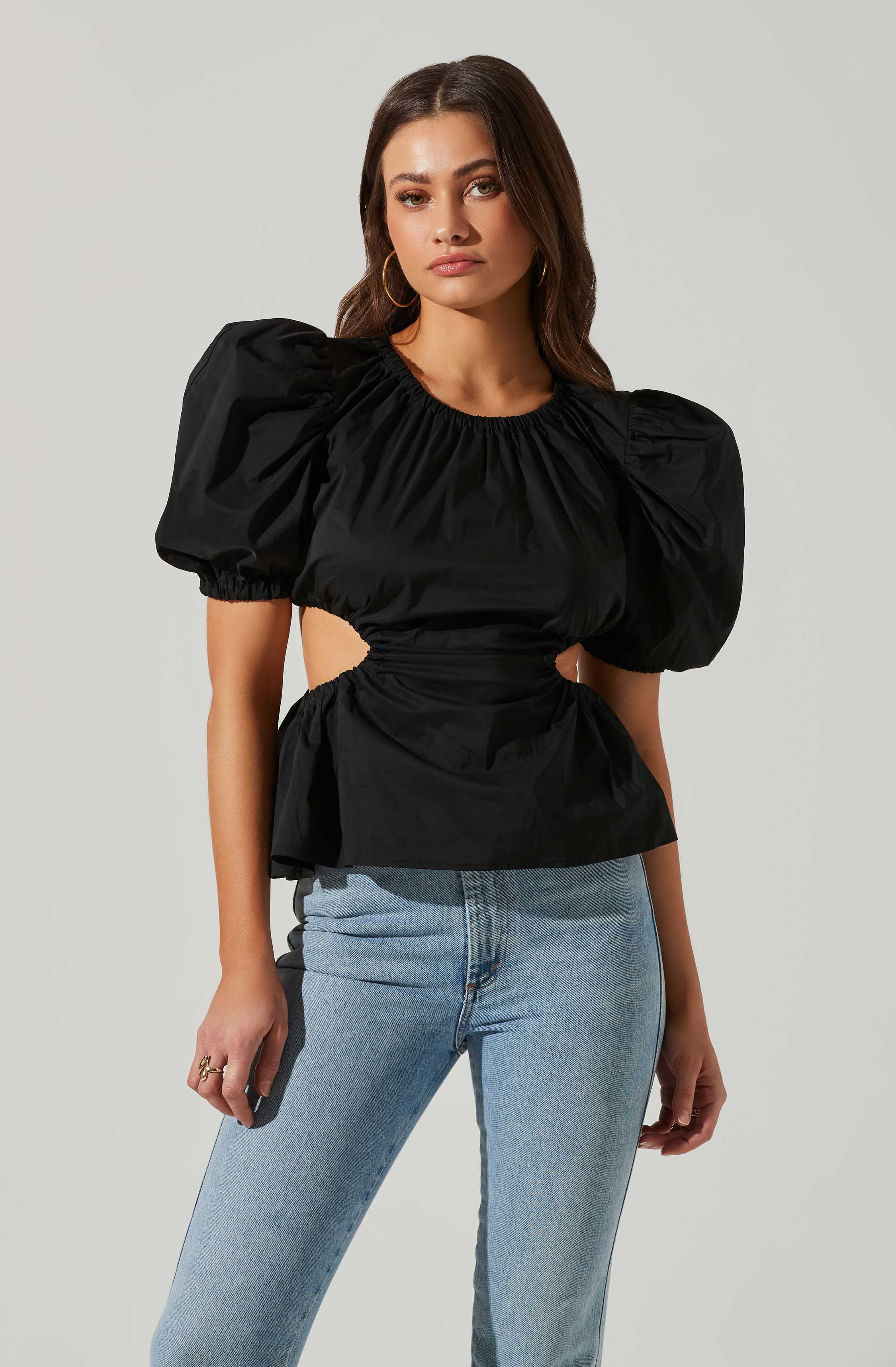 Juno Side Cutout Puff Sleeve Peplum Top-Aljck