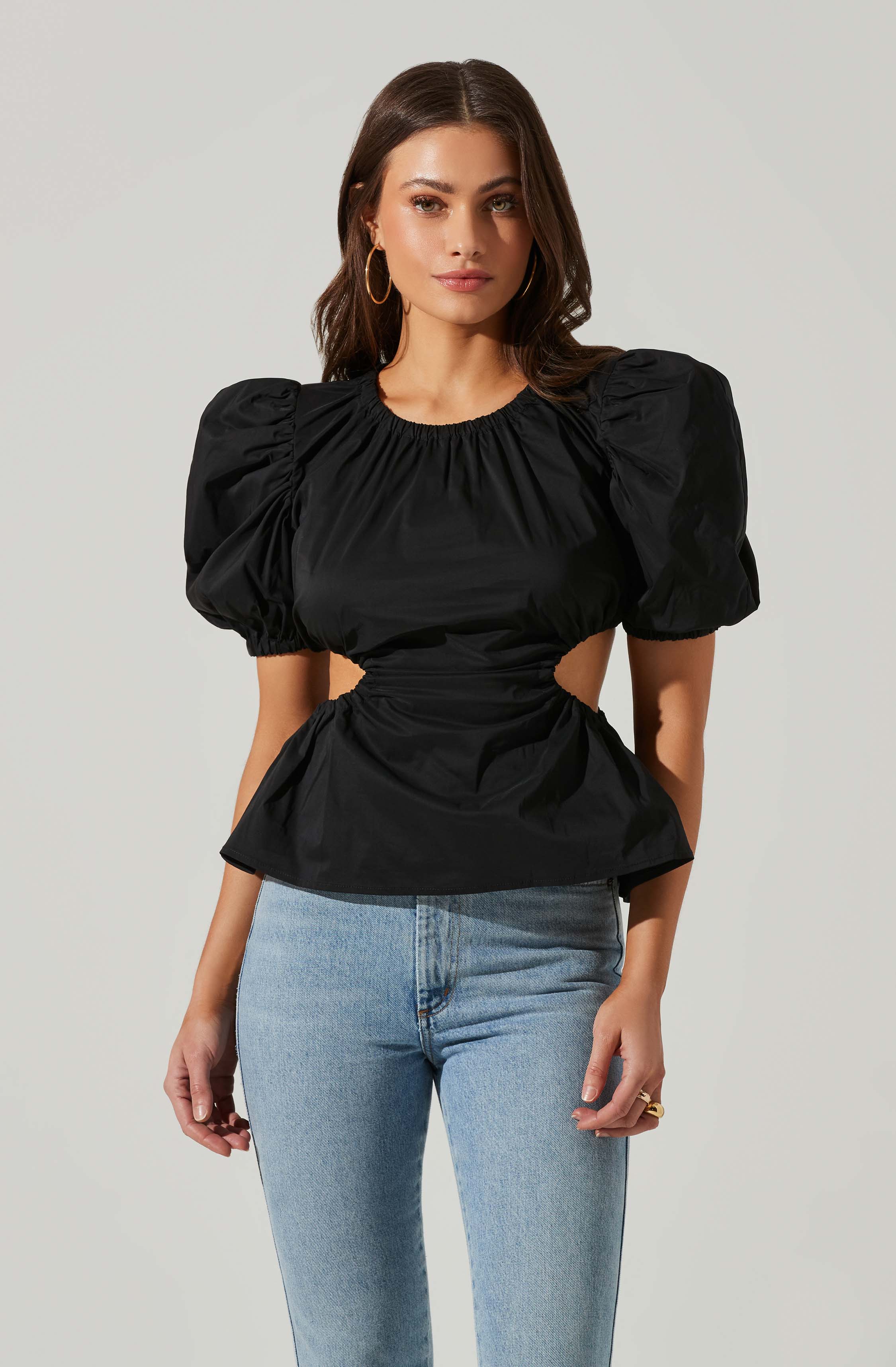 Juno Side Cutout Puff Sleeve Peplum Top-Aljck