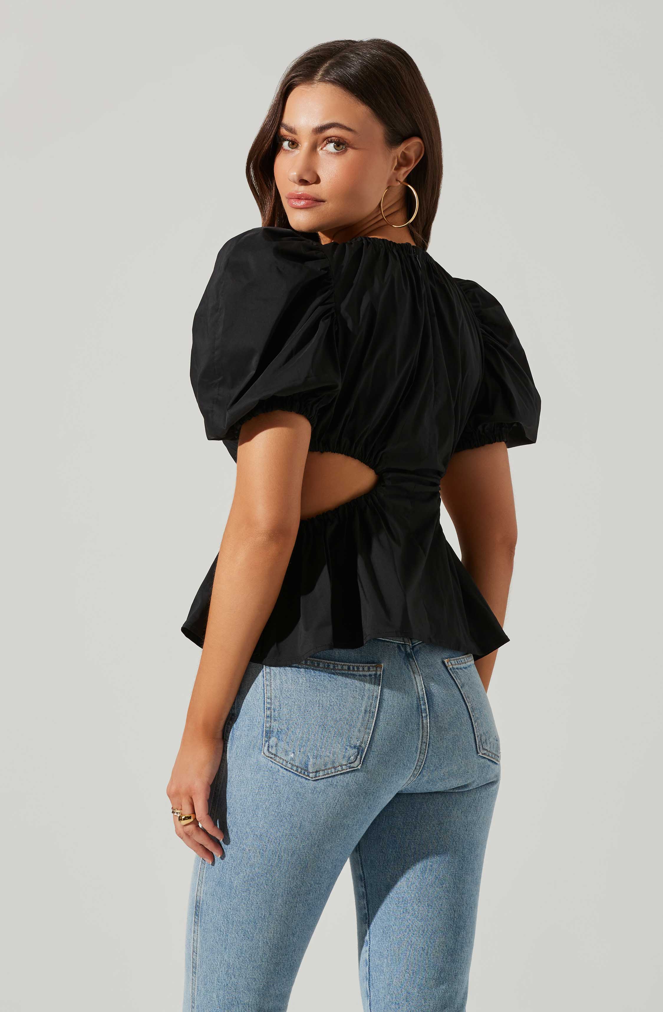 Juno Side Cutout Puff Sleeve Peplum Top-Aljck
