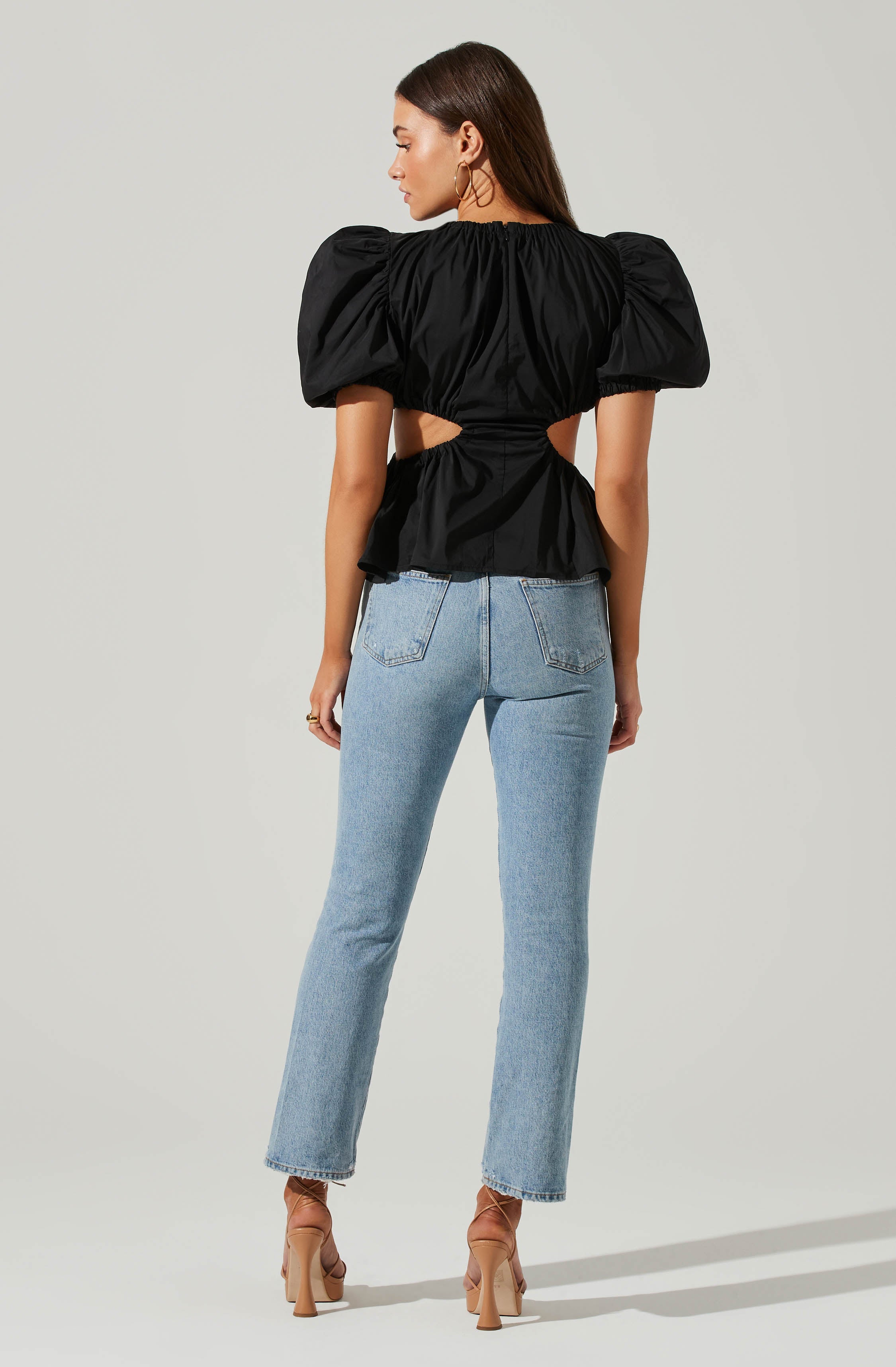 Juno Side Cutout Puff Sleeve Peplum Top-Aljck