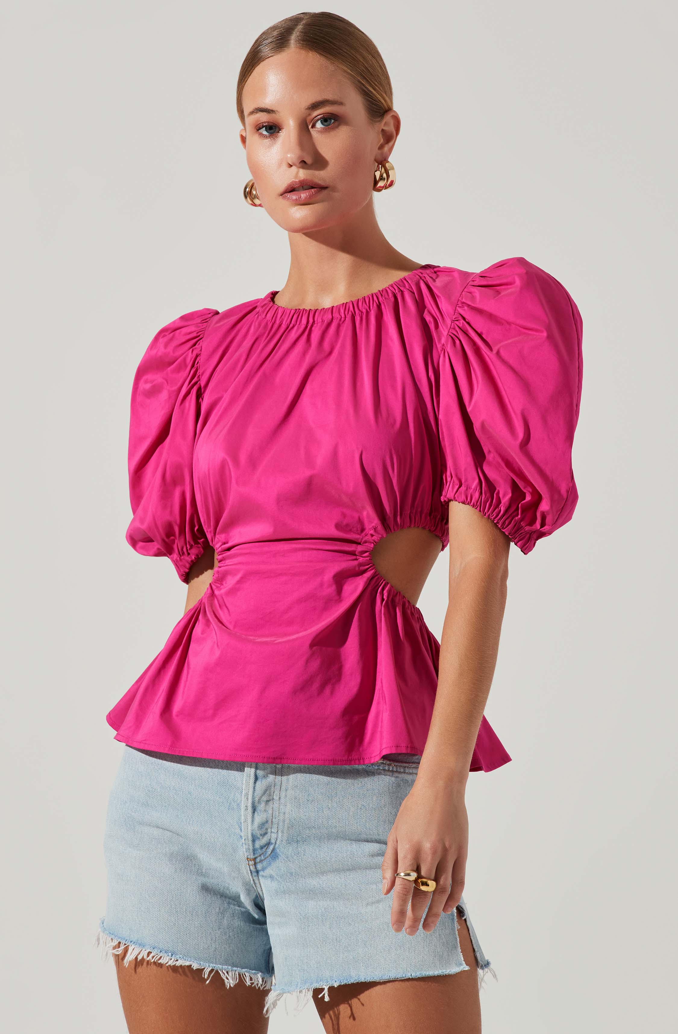 Juno Side Cutout Puff Sleeve Peplum Top-Aljck