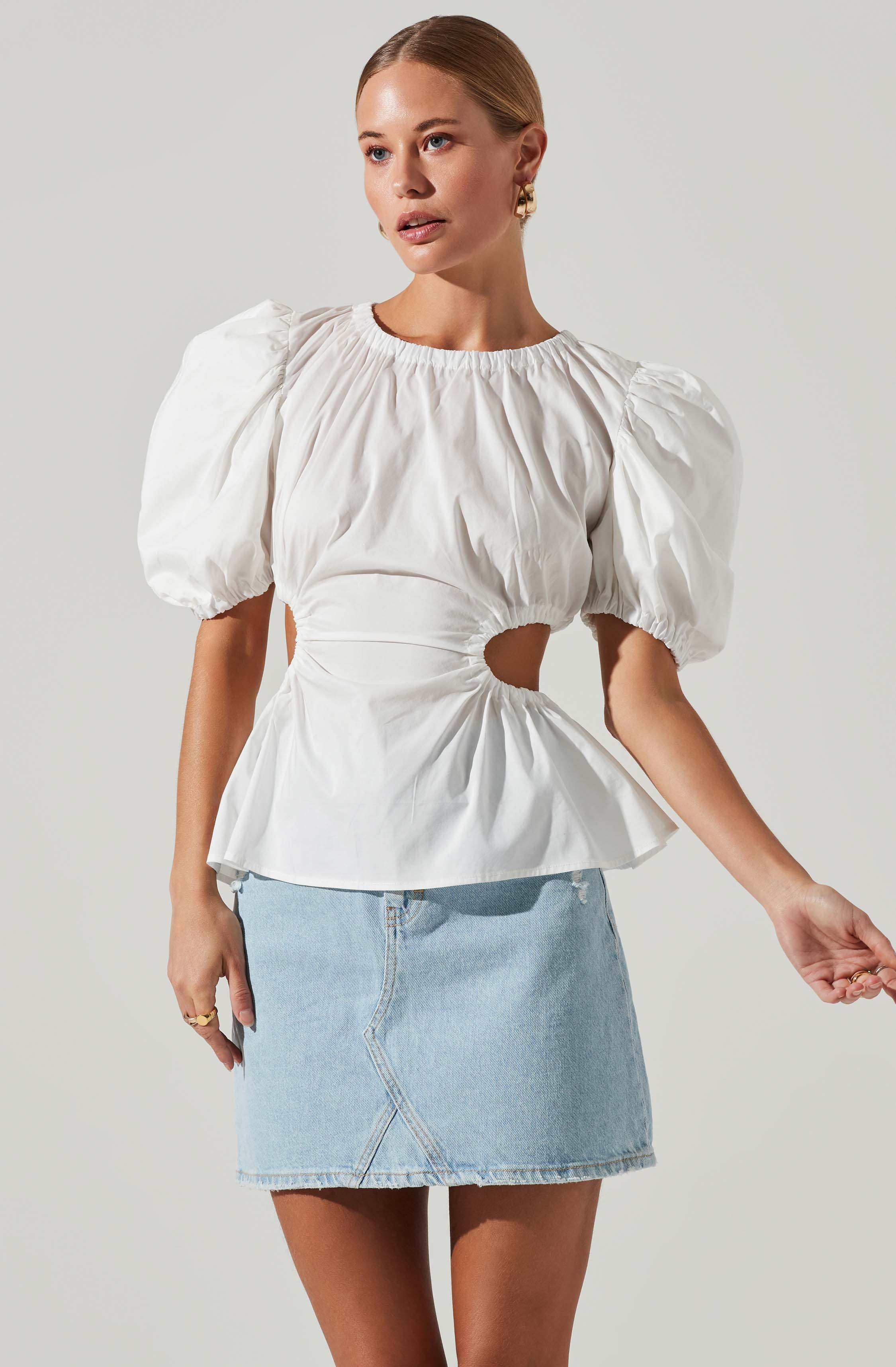 Juno Side Cutout Puff Sleeve Peplum Top-Aljck
