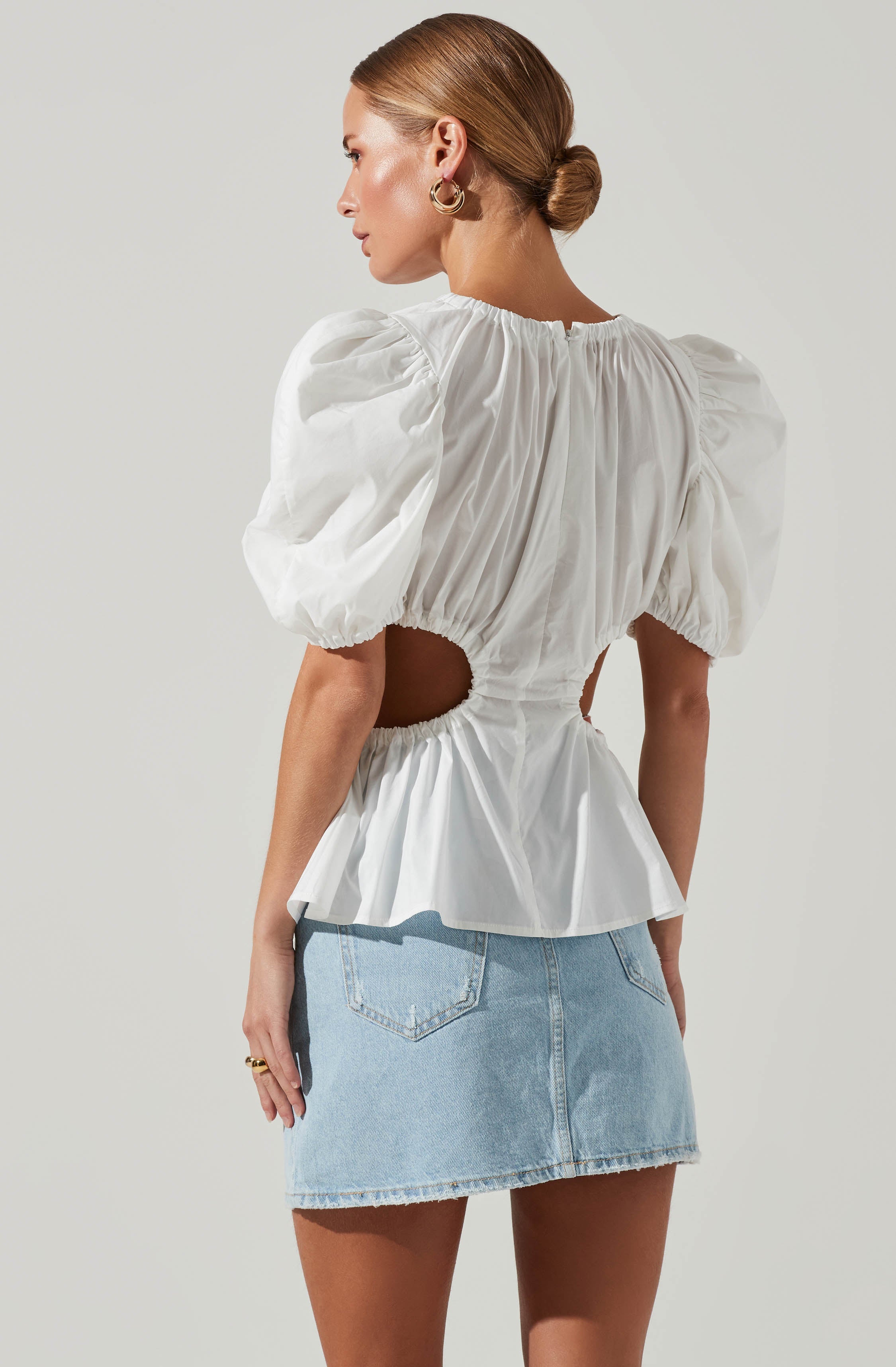Juno Side Cutout Puff Sleeve Peplum Top-Aljck