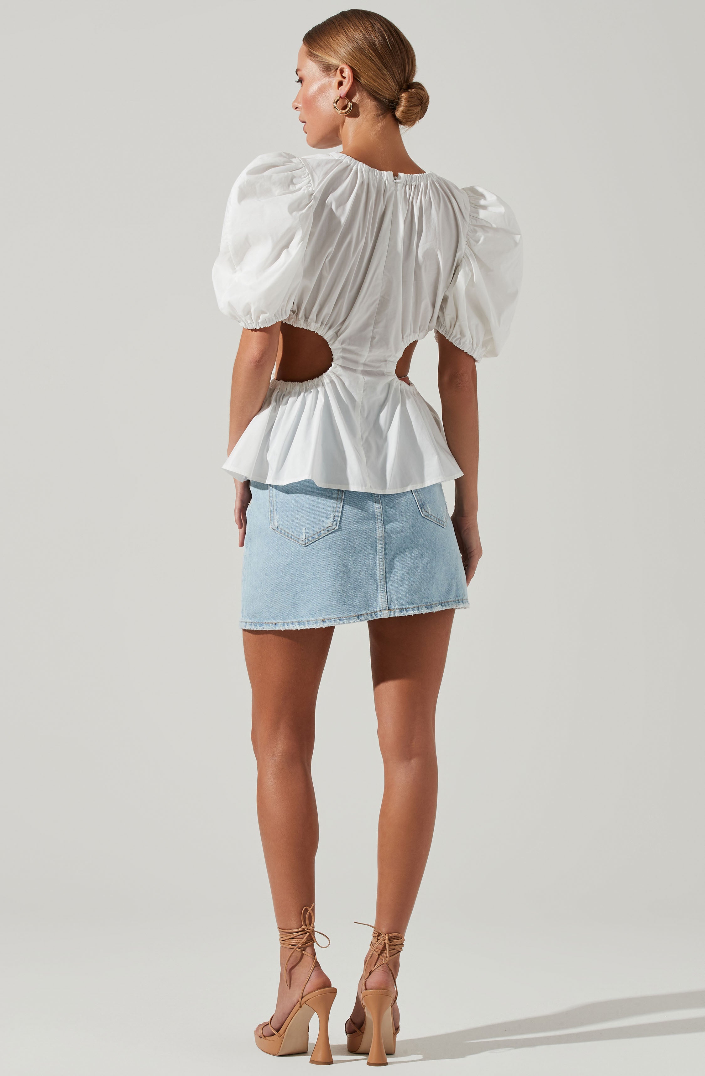 Juno Side Cutout Puff Sleeve Peplum Top-Aljck