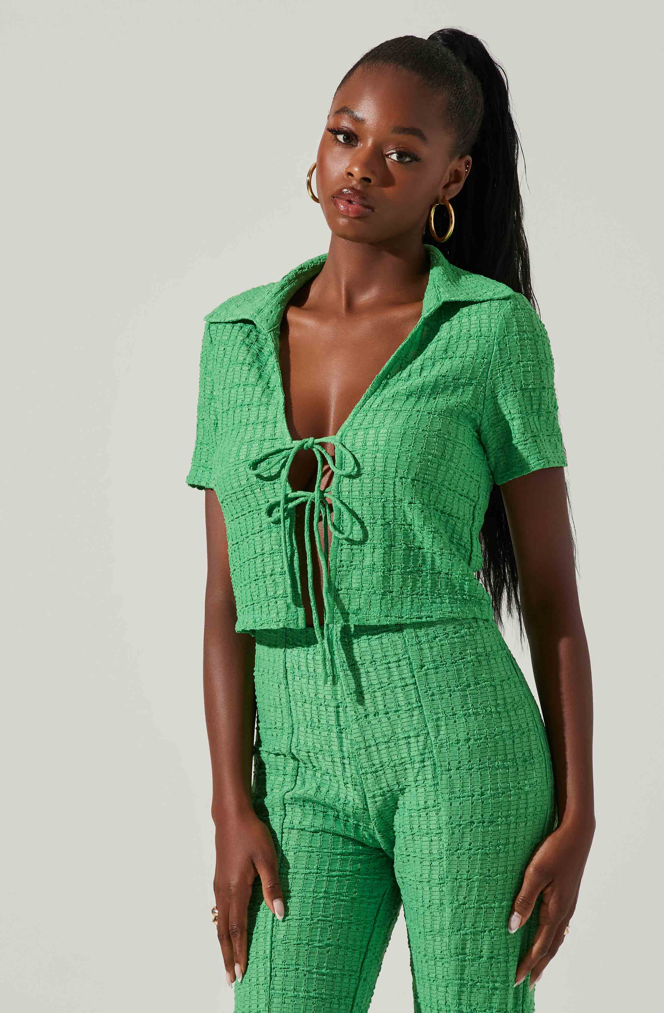 Zoey Collared Tie Front Top-Aljck