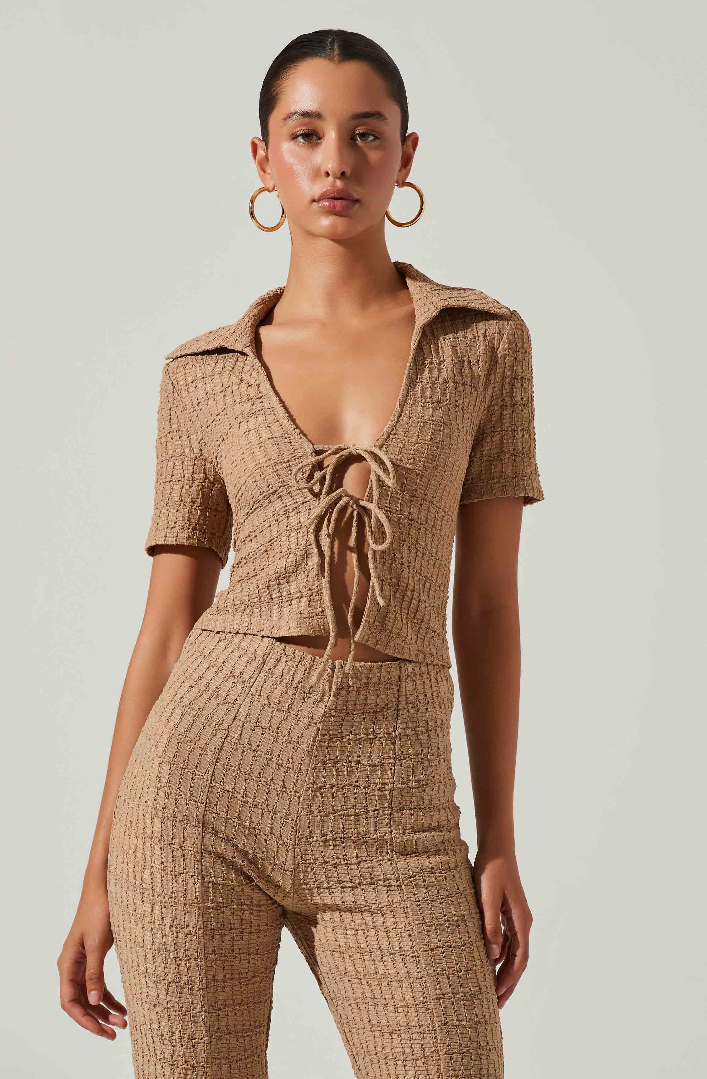 Zoey Collared Tie Front Top-Aljck