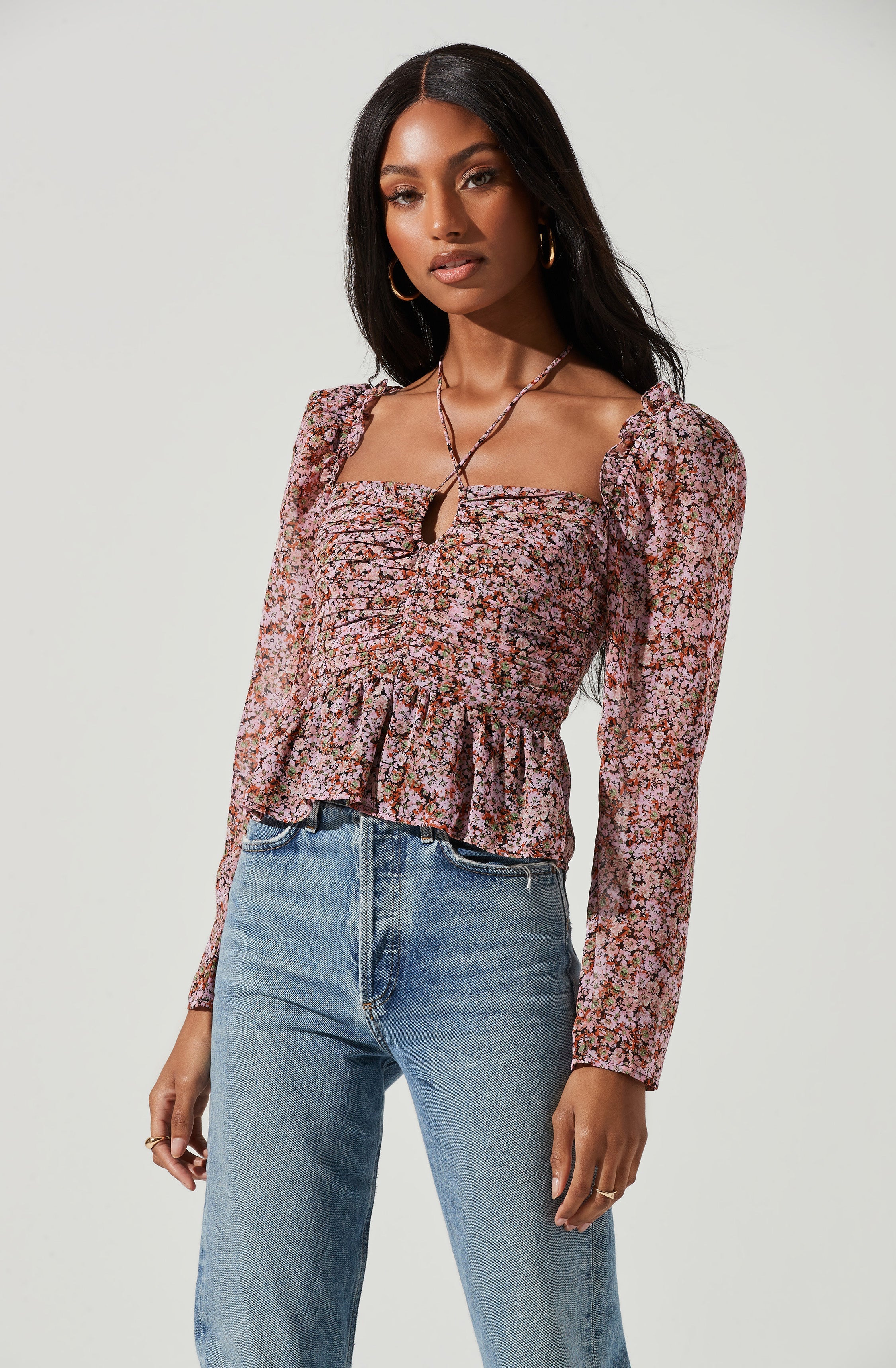 Toni Ruched Halter Long Sleeve Peplum Top-Aljck