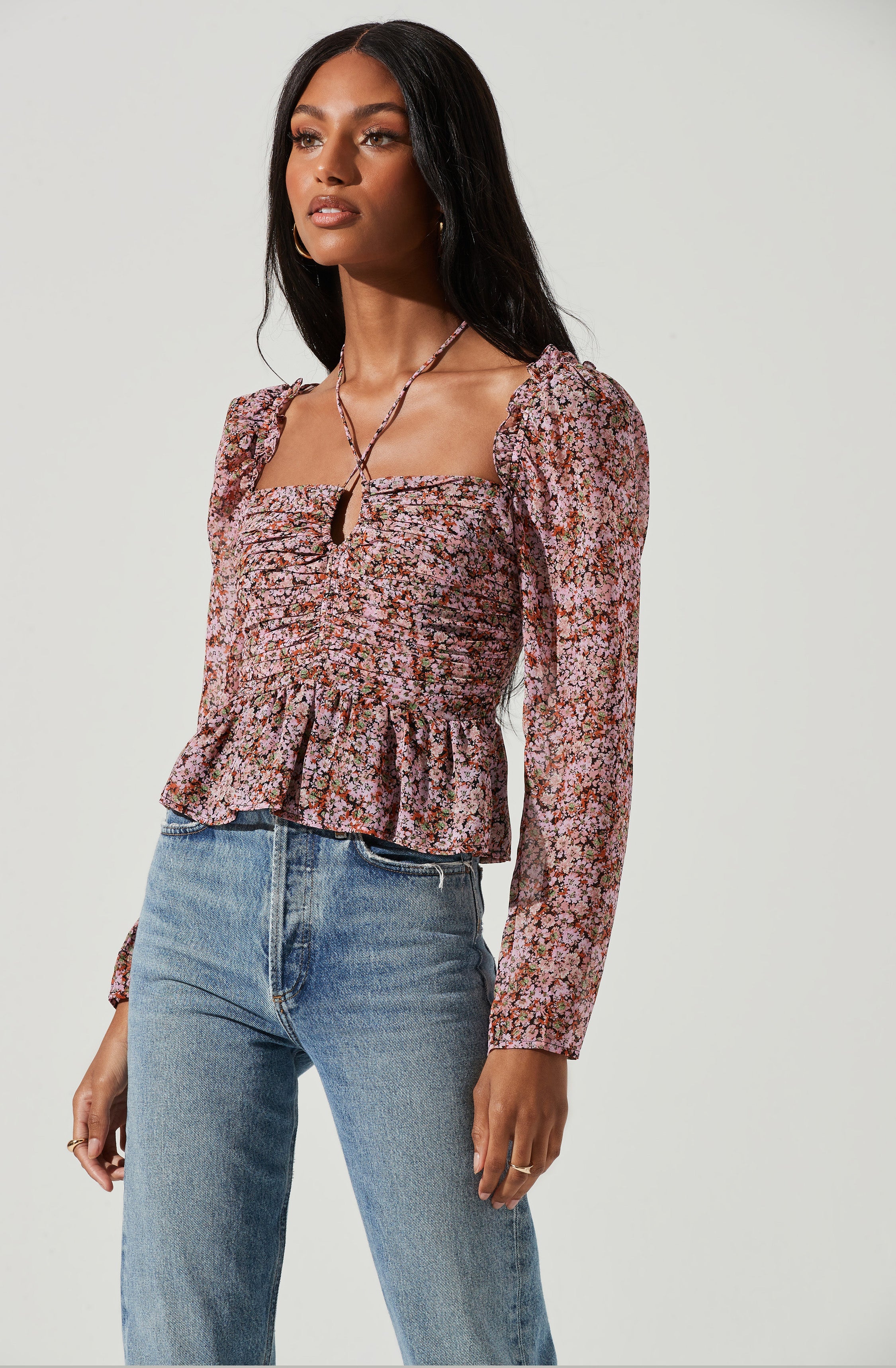 Toni Ruched Halter Long Sleeve Peplum Top-Aljck