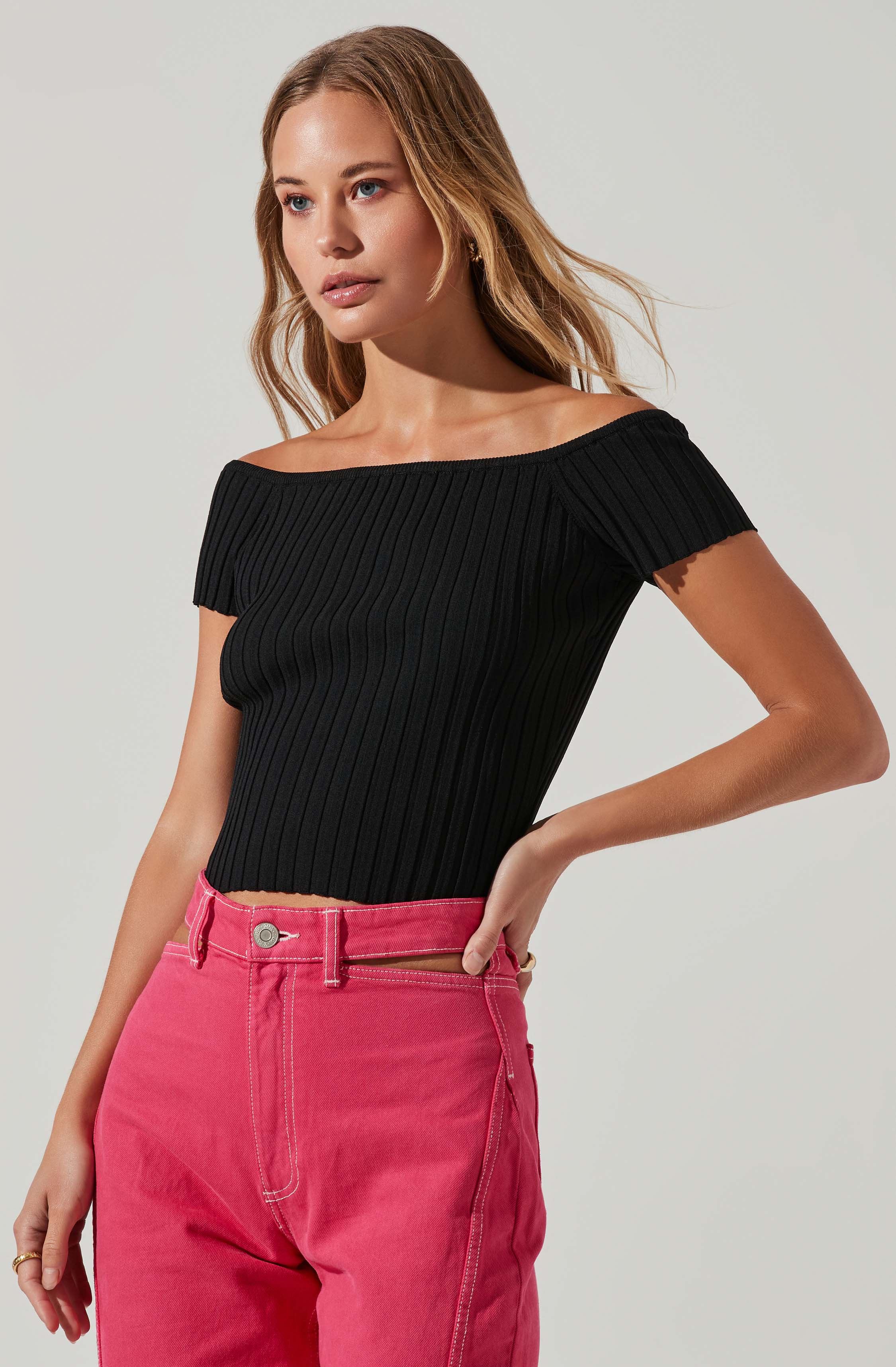 Leslie Off Shoulder Ribbed Knit Sweater-Aljck
