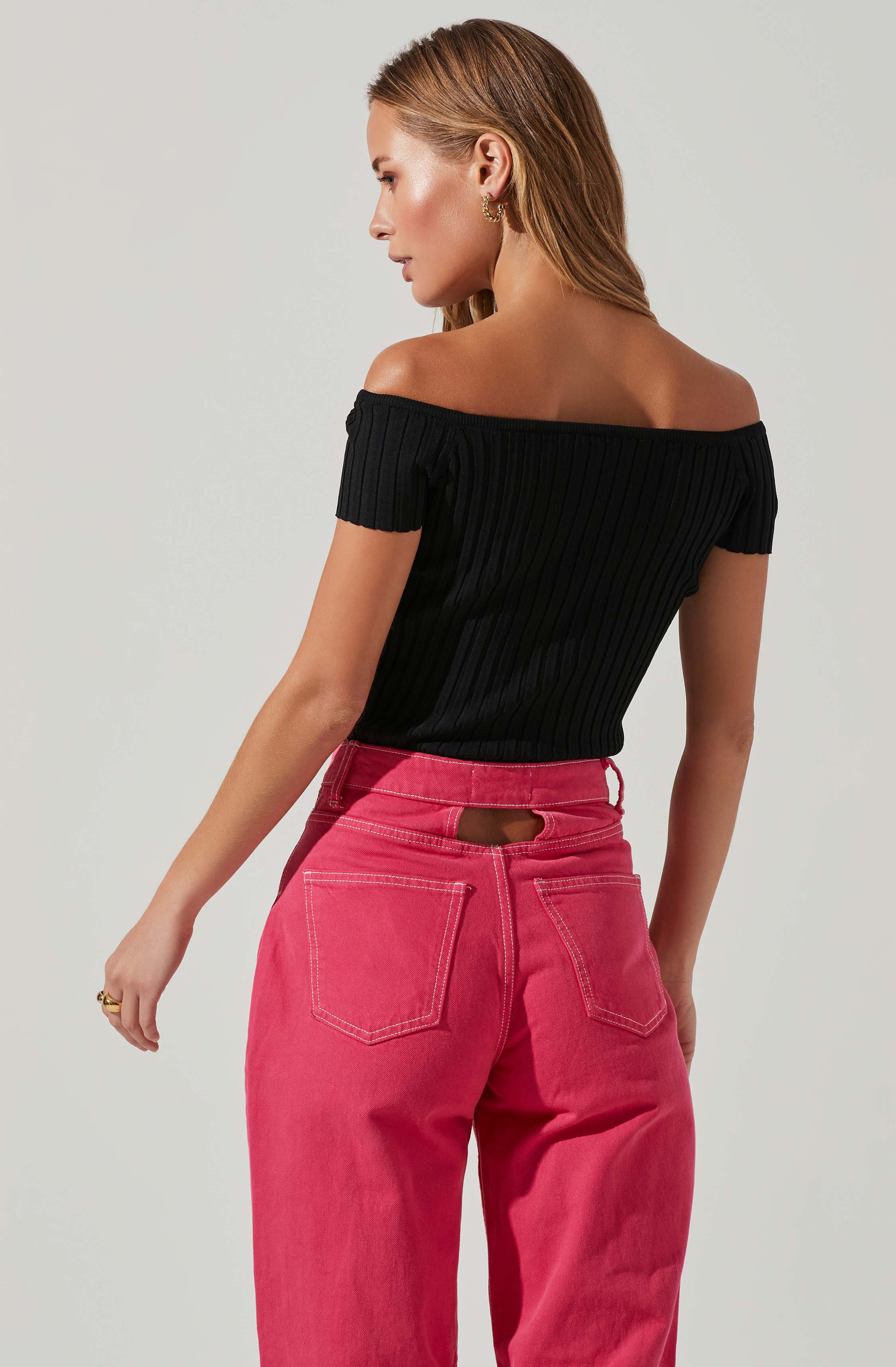 Leslie Off Shoulder Ribbed Knit Sweater-Aljck