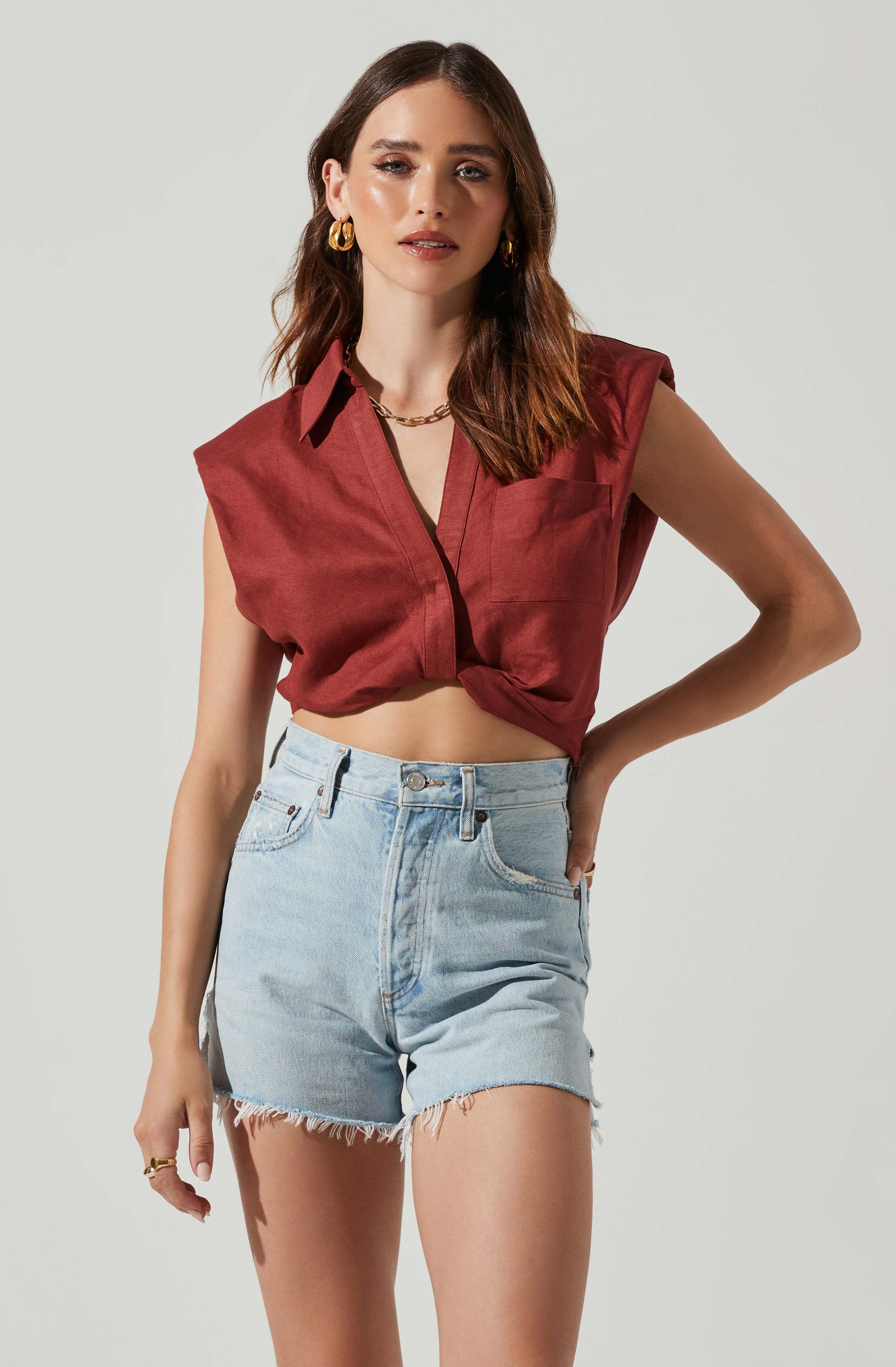 Kathlynn Front Twist Collared Top-Aljck