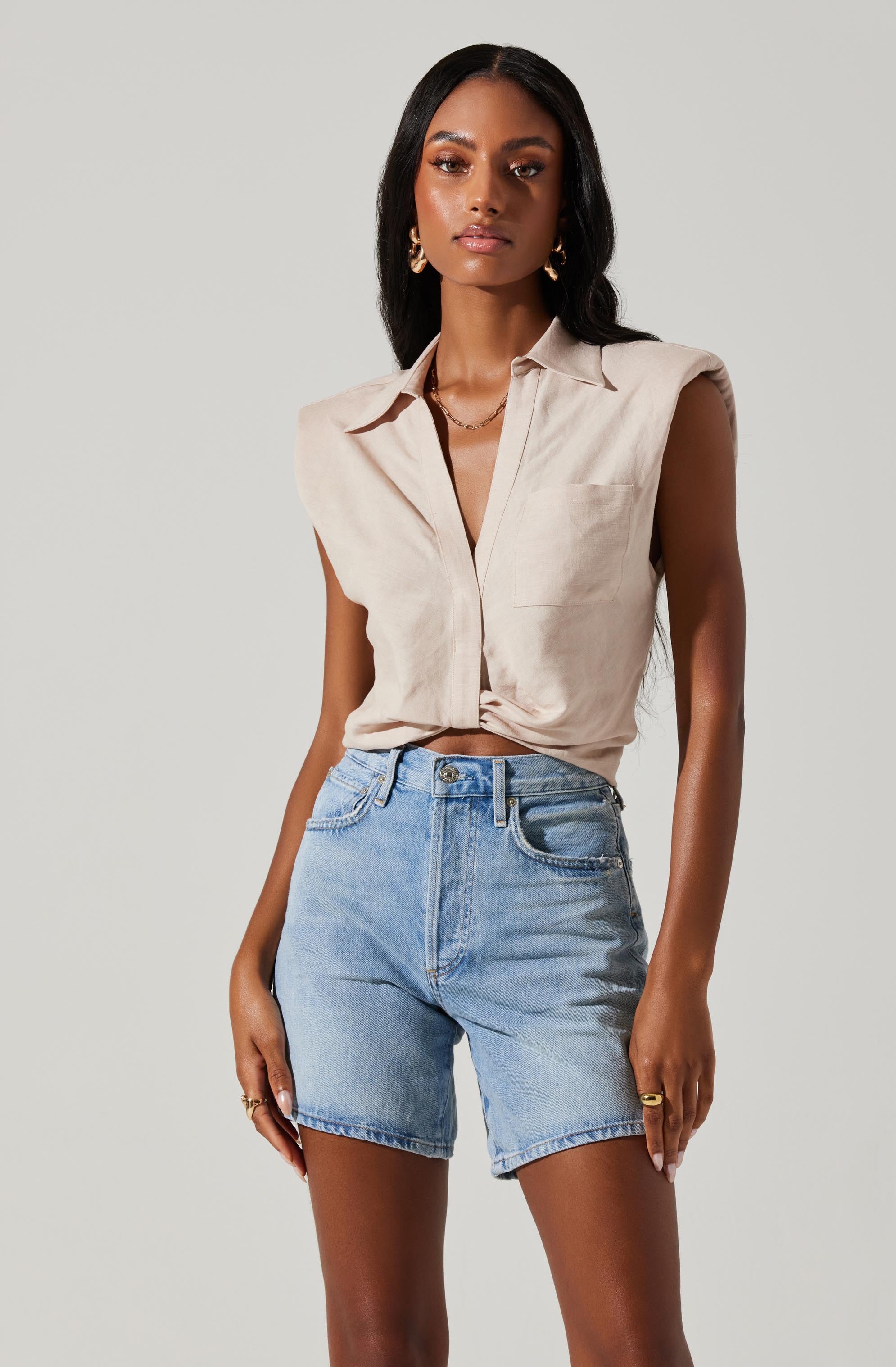 Kathlynn Front Twist Collared Top-Aljck