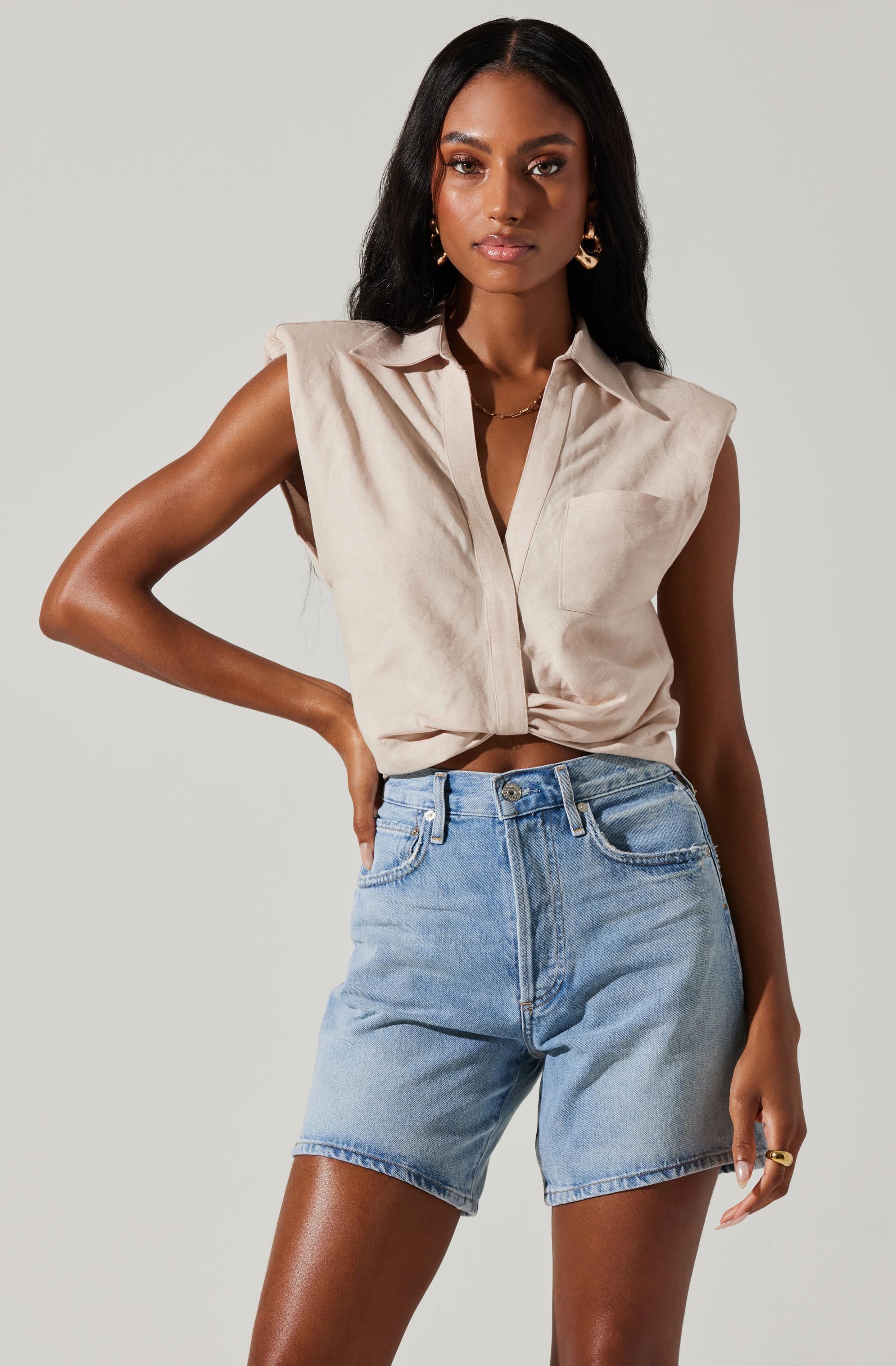 Kathlynn Front Twist Collared Top-Aljck