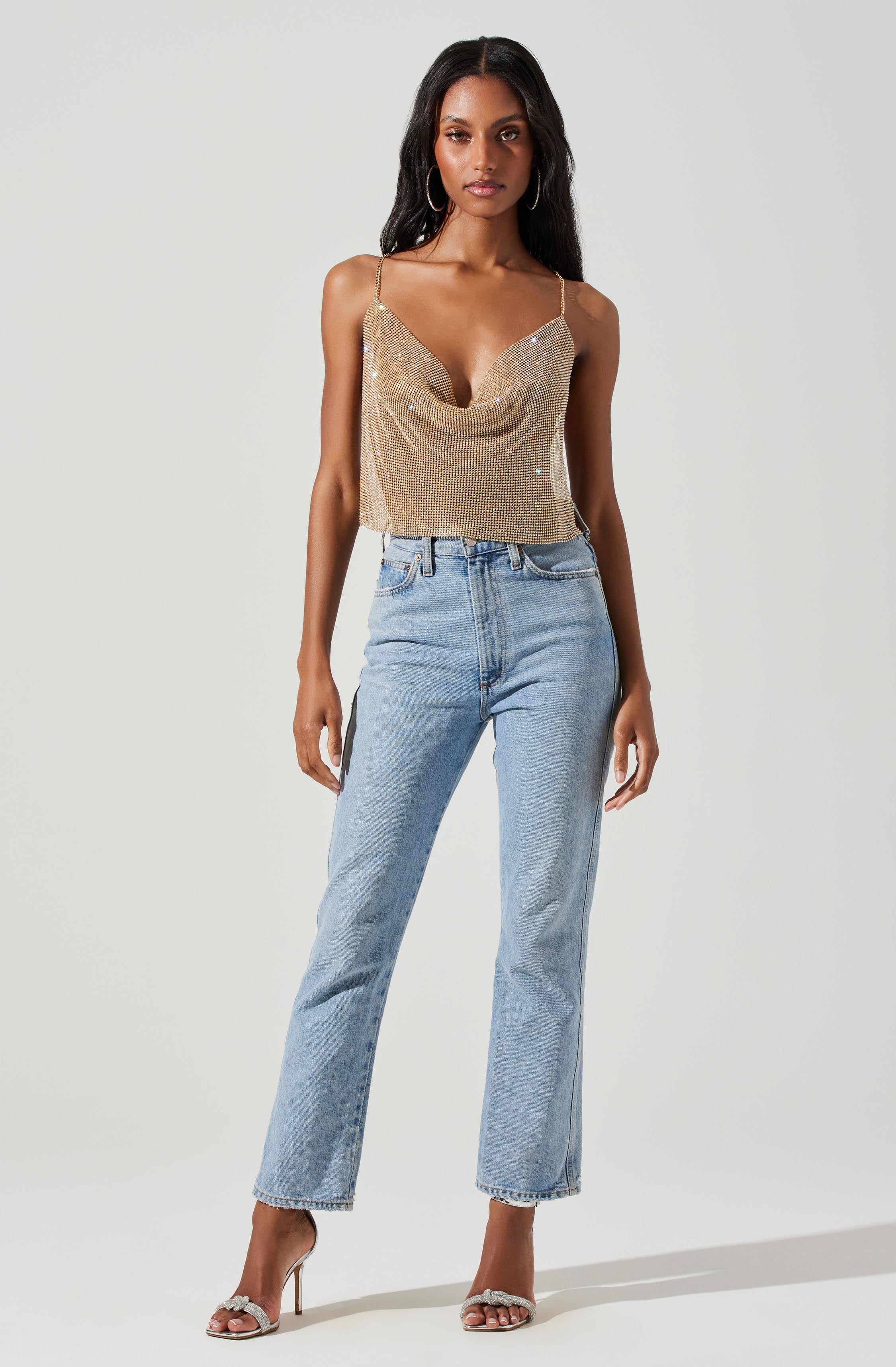 Mika Rhinestone Mesh Cowl Neck Top-Aljck